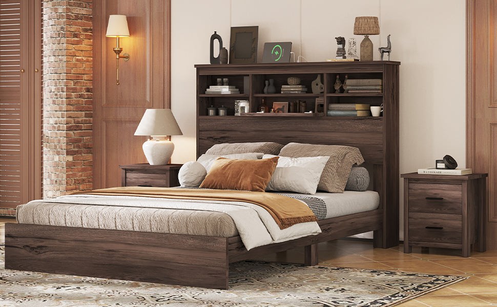 Queen Size Wooden Platform Bed with Storage Headboard,American Country Style Bed with USB Charging Ports,Dark Walnut