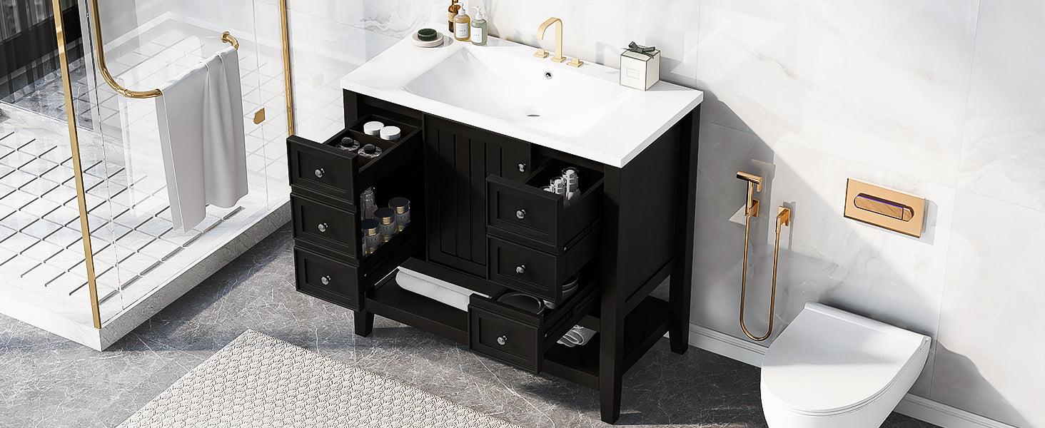 36" Bathroom Vanity with Sink Combo, One Cabinet and Three Drawers, Solid Wood and MDF Board, Black (Old Sku:SY999505AAB)