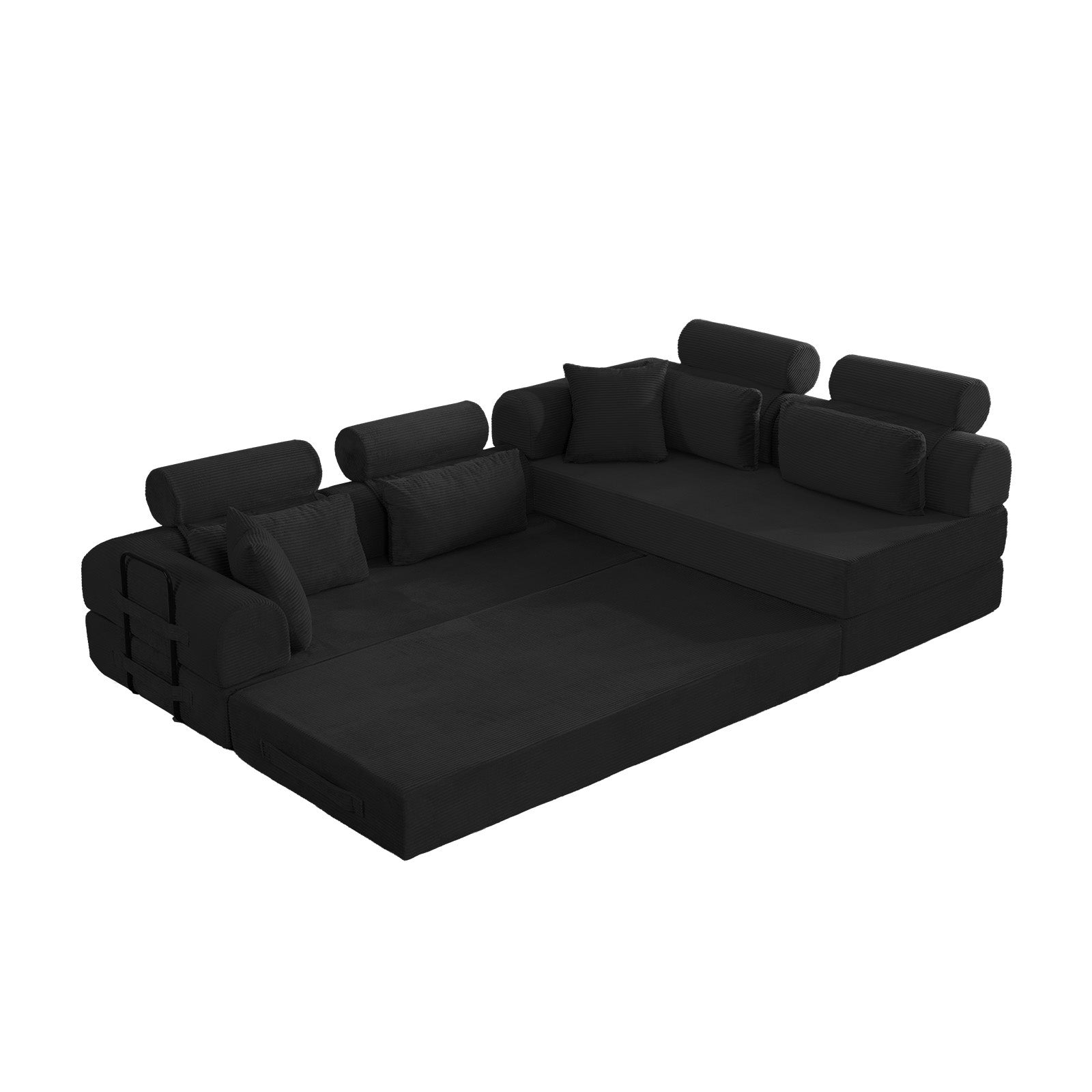 Black corduroy L-shape sleeper sofa, fabric texture close-up