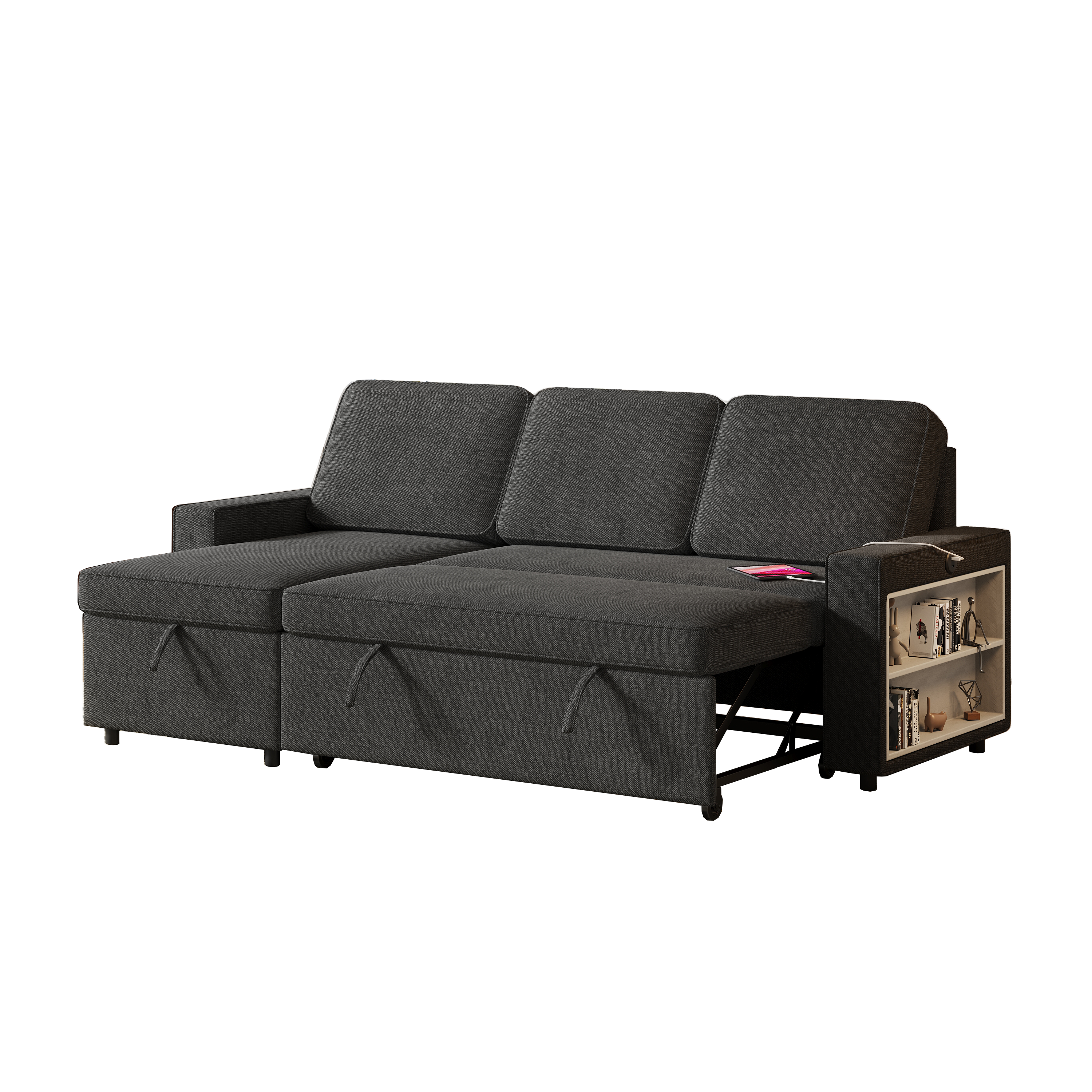 85.8" Pull Out Sleeper Sofa L-Shaped Couch Convertible Sofa Bed with Storage Chaise And Storage Racks,With USB Port And T-pyce Port