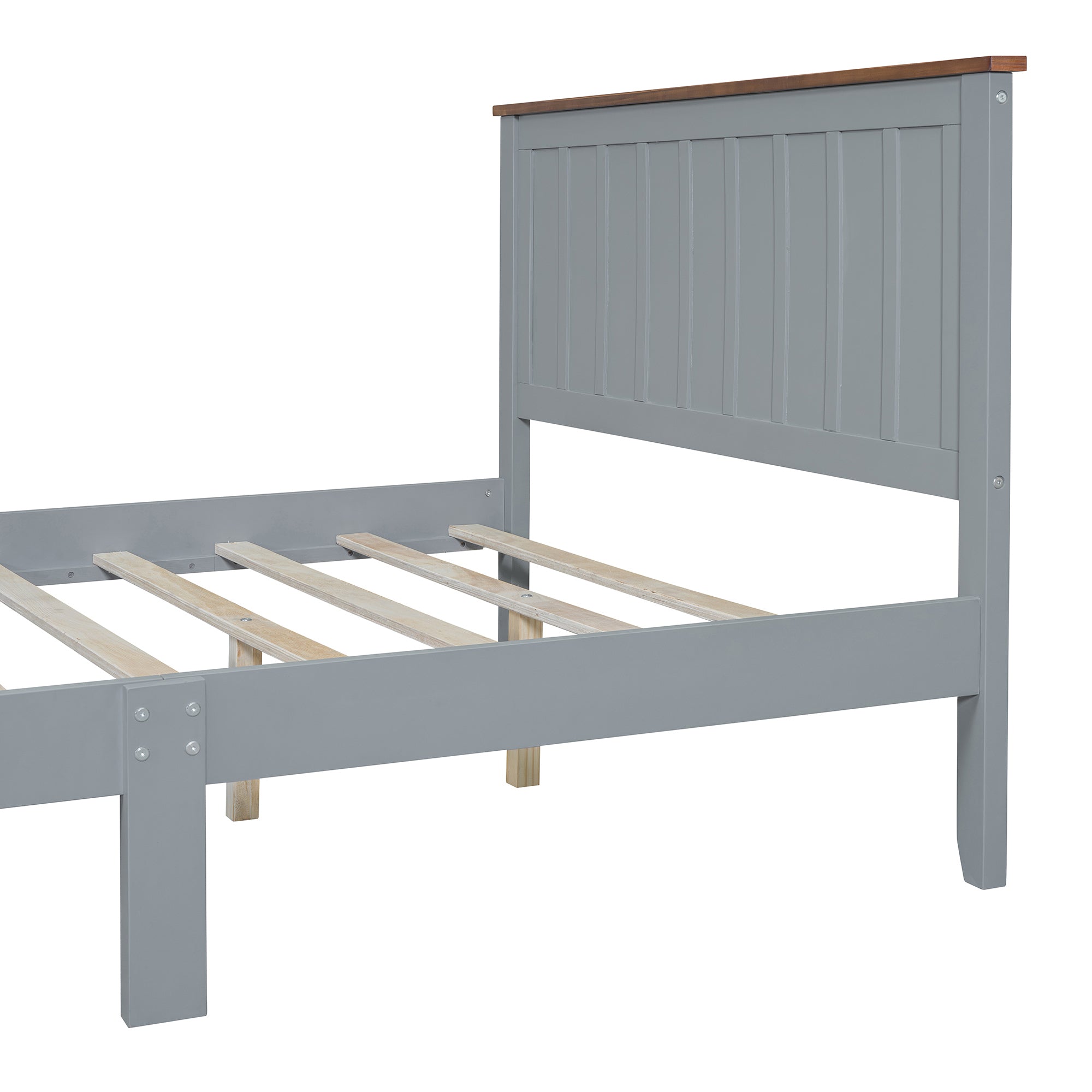 Full Size Wood Platform Bed Wooden Slat Support, Vintage Simple Bed Frame with Rectangular Headboard and Footboard, Grey