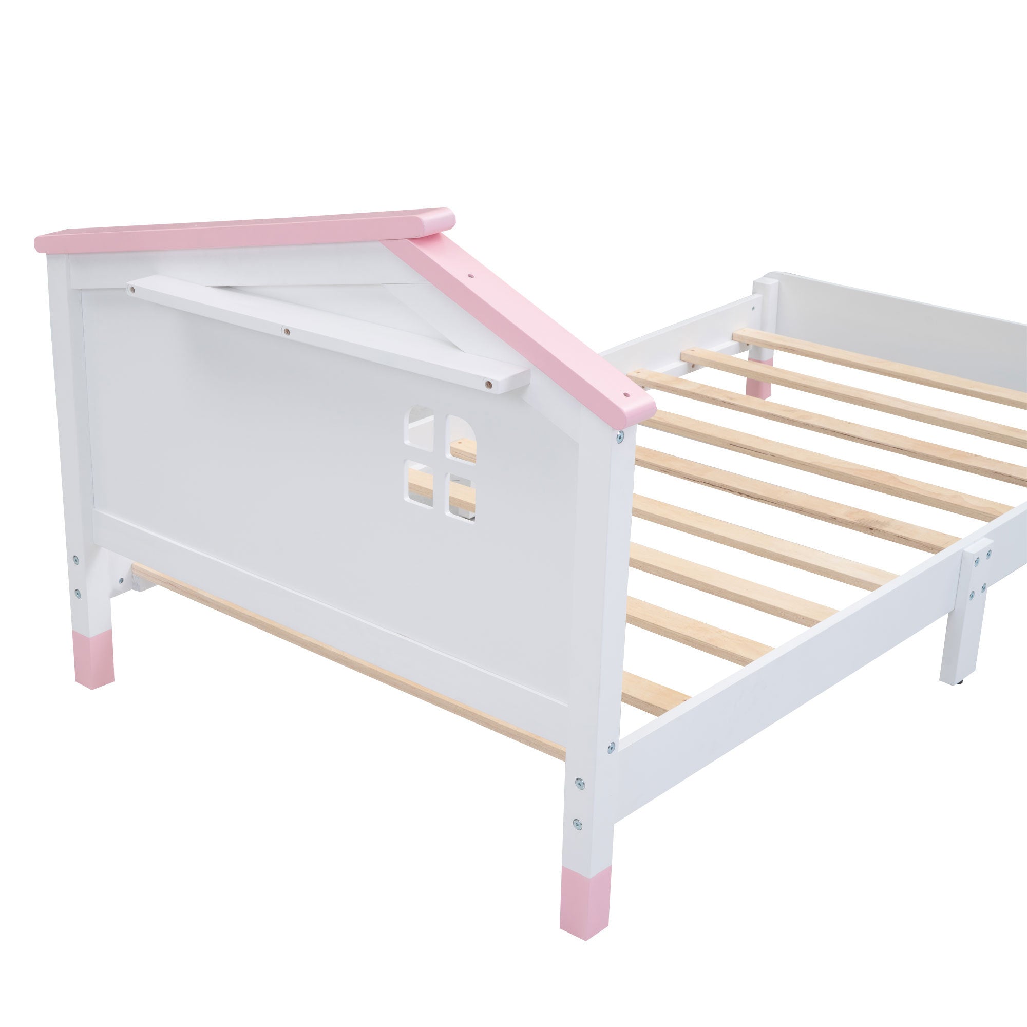 Twin Size Wood Platform Bed with House-shaped Headboard  (White+Pink)