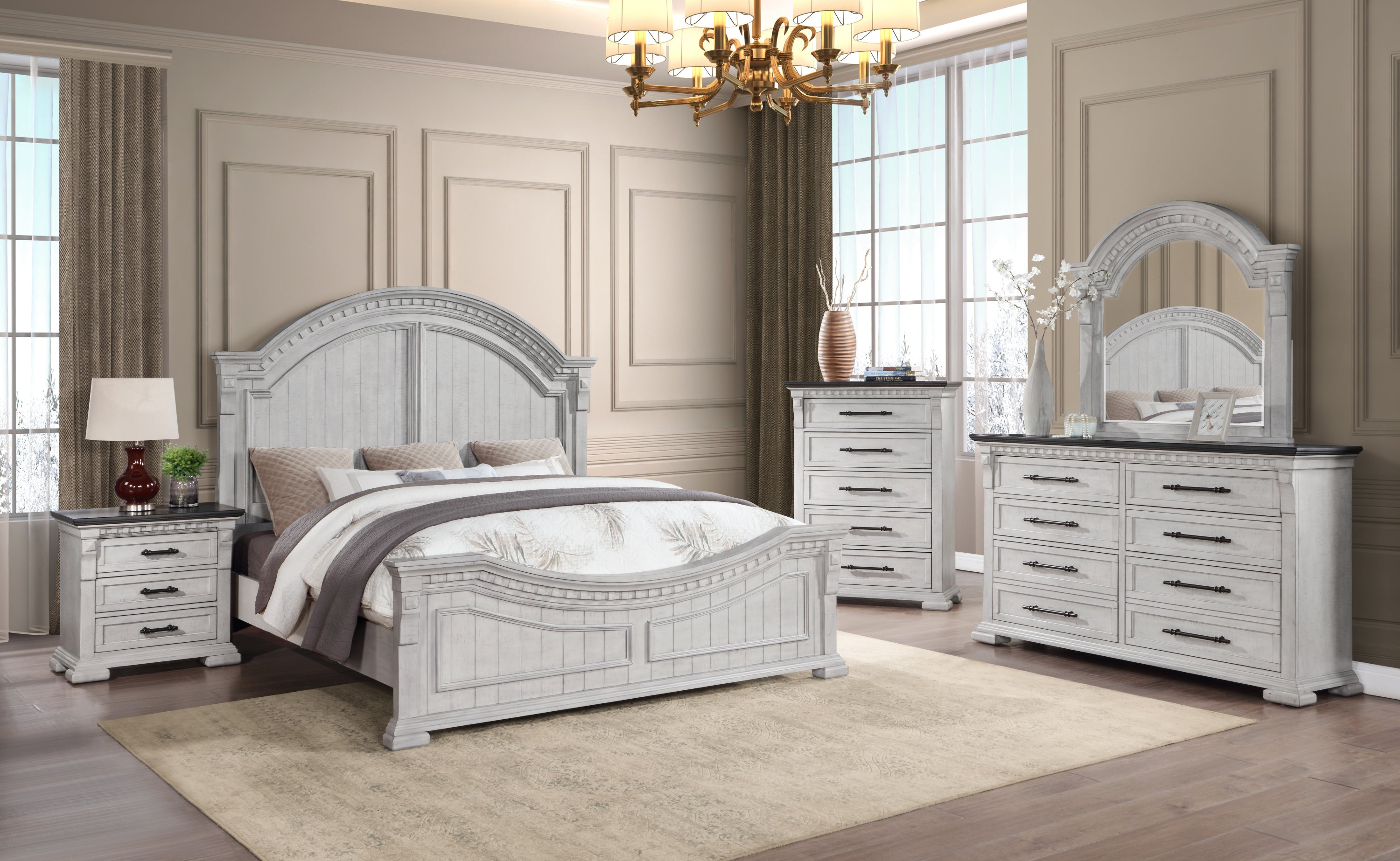 Transitional Style King Bed Made with Wood in Antique white