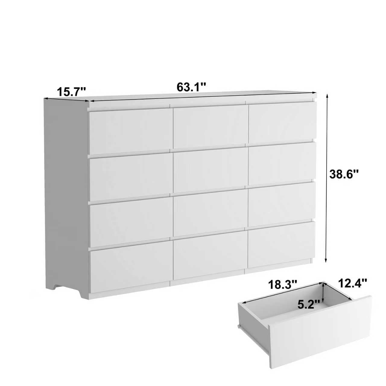 White modern wood double dresser, angled view
