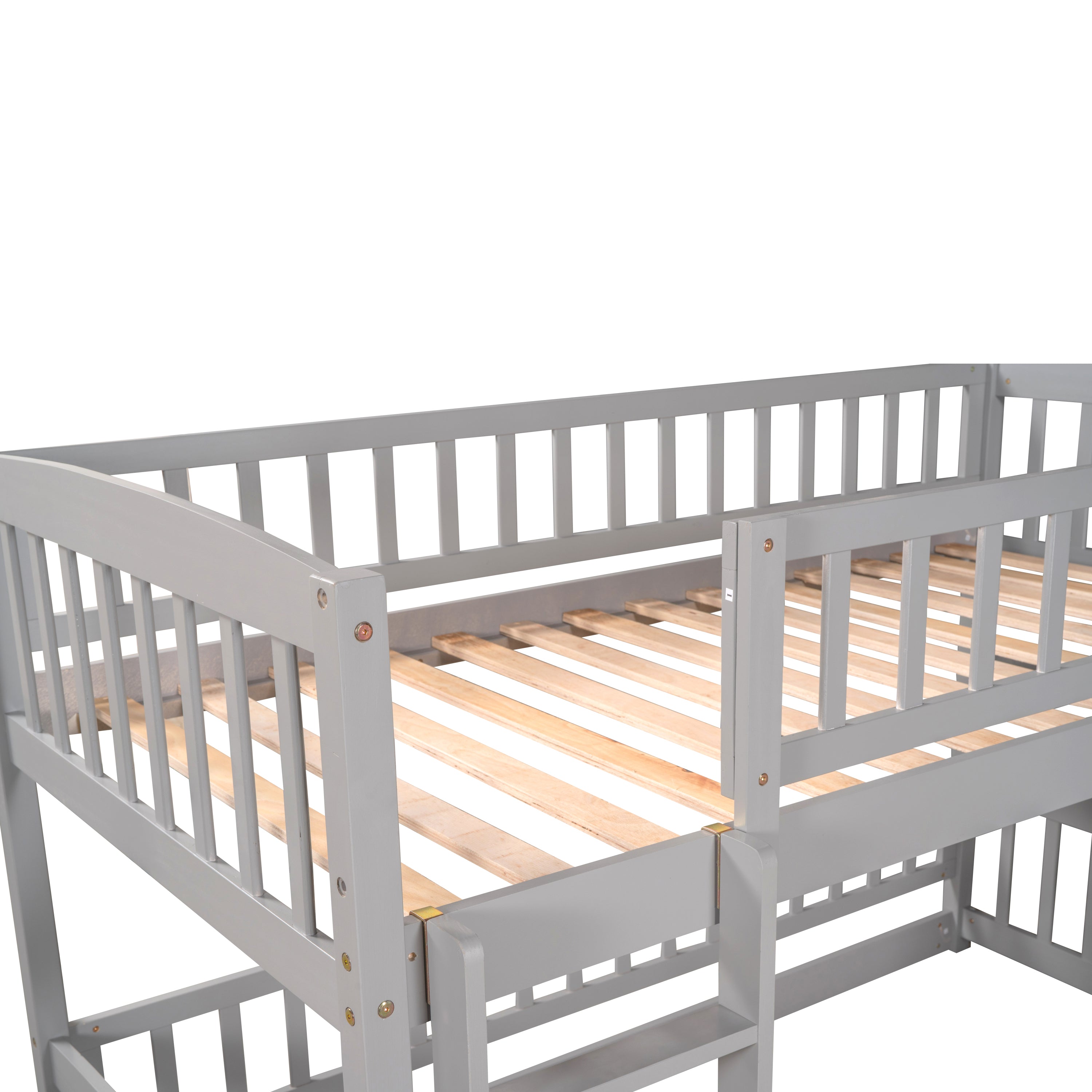 Bunk Bed with Slide,Twin Over Twin Low Bunk Bed with Fence and Ladder for  Kids Teens Grey