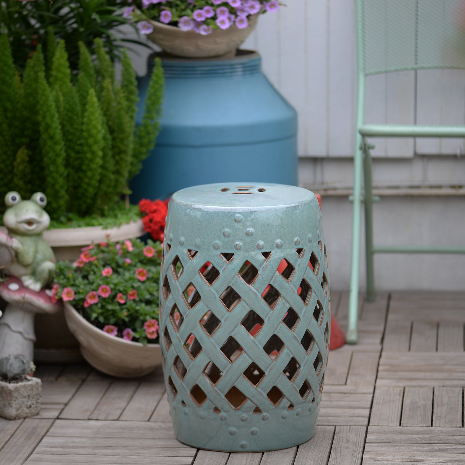 Outsunny 13" x 18" Ceramic Garden Stool with Woven Lattice Design & Glazed Strong Materials Decorative End Table, Antique Blue