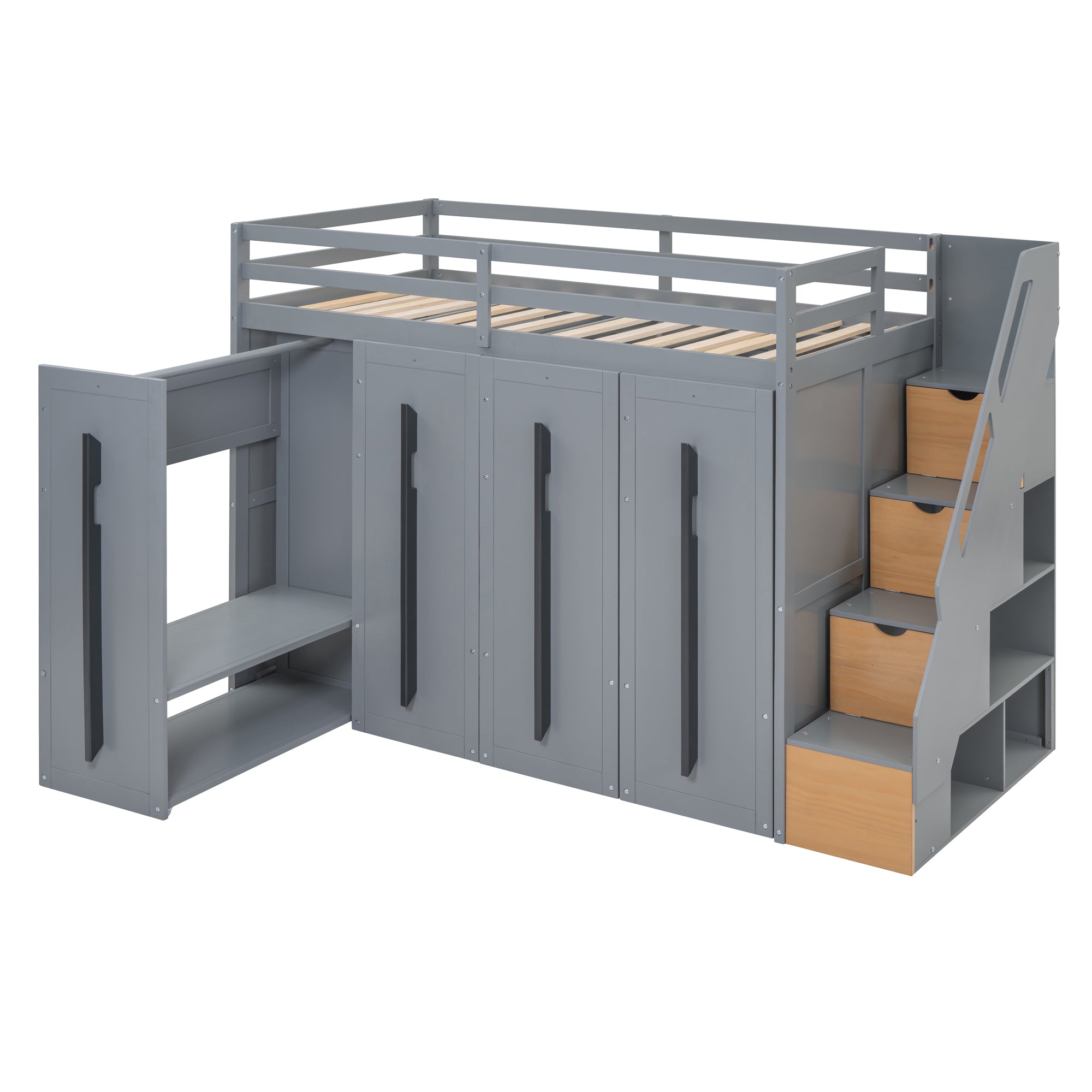 Modern Loft Bed with Two-Tone Storage Stairs and Pull-Out Wardrobes, Gray