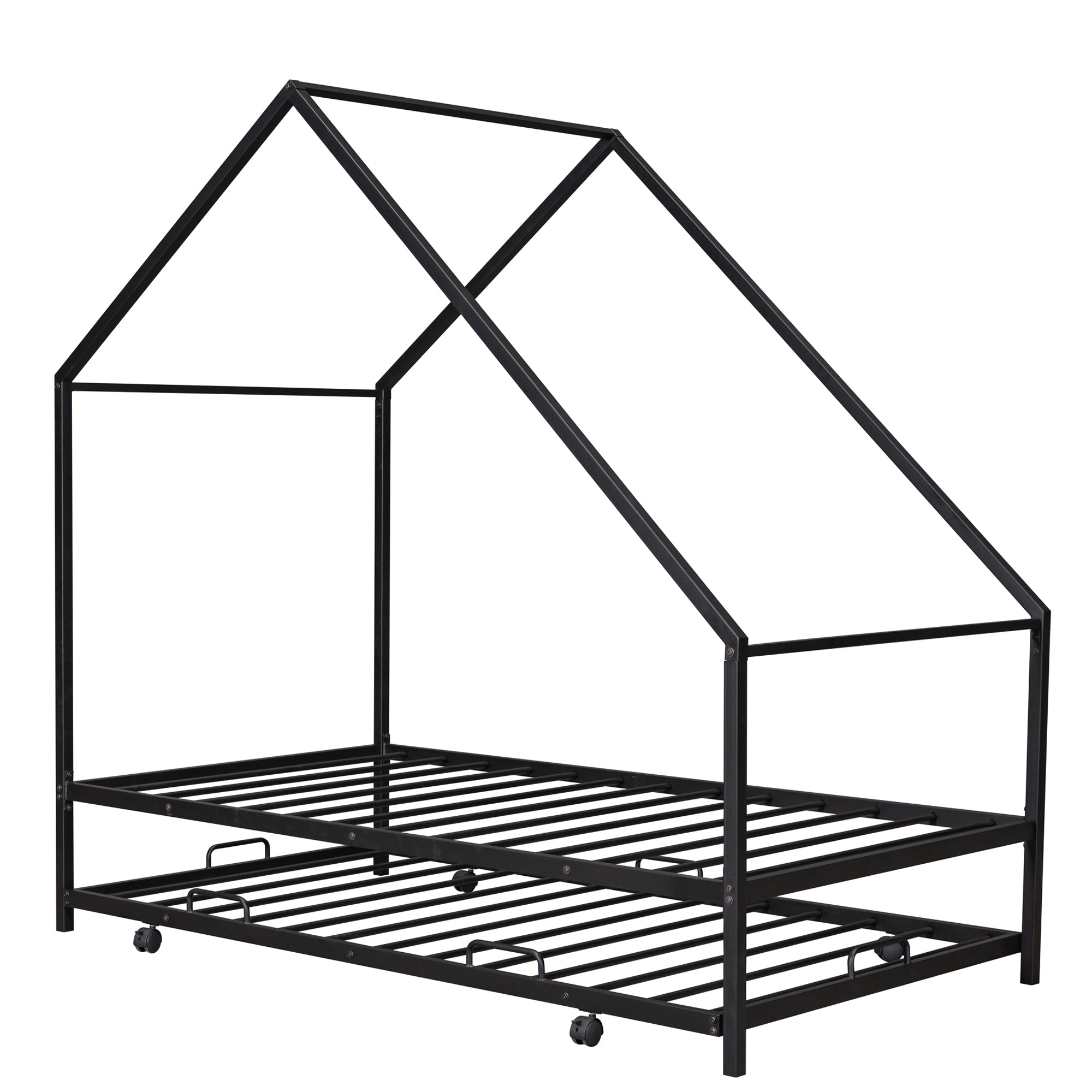 Metal House Bed With Trundle, Twin Size House  Bed Black