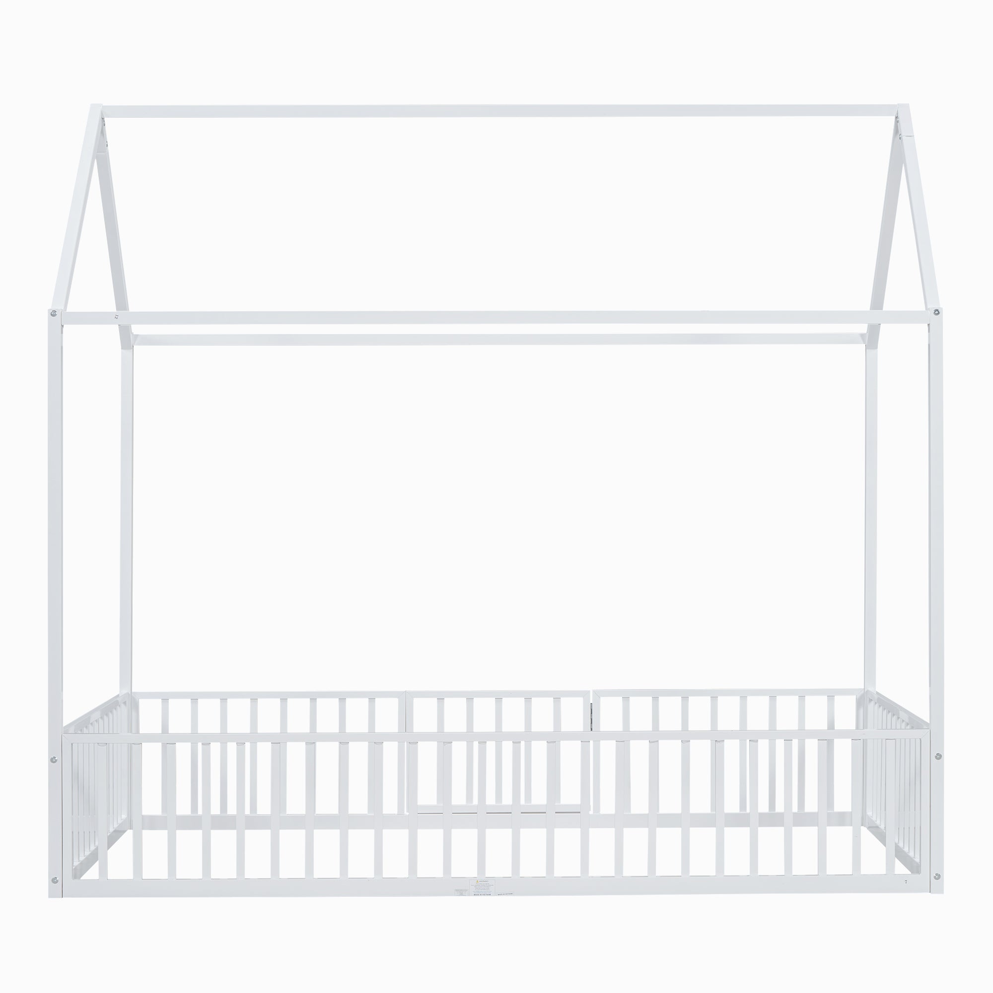 Twin Size Metal House Bed with Fence and Door, White