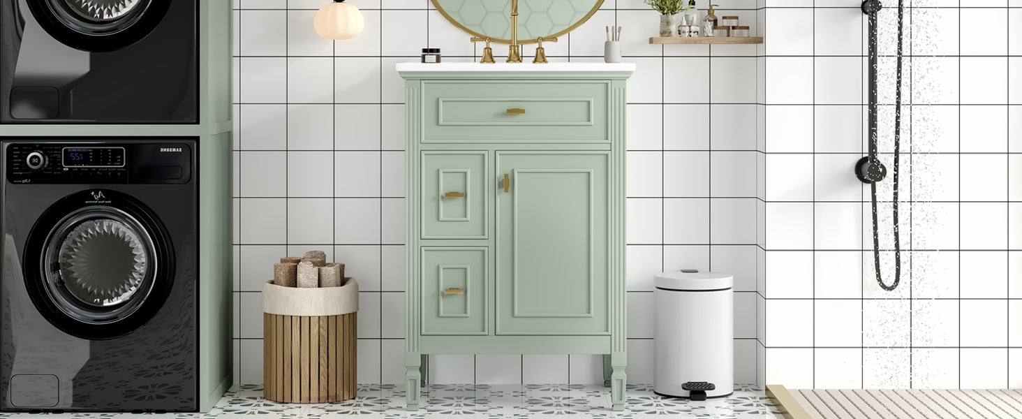 24-inch green bathroom vanity with sink, angled view