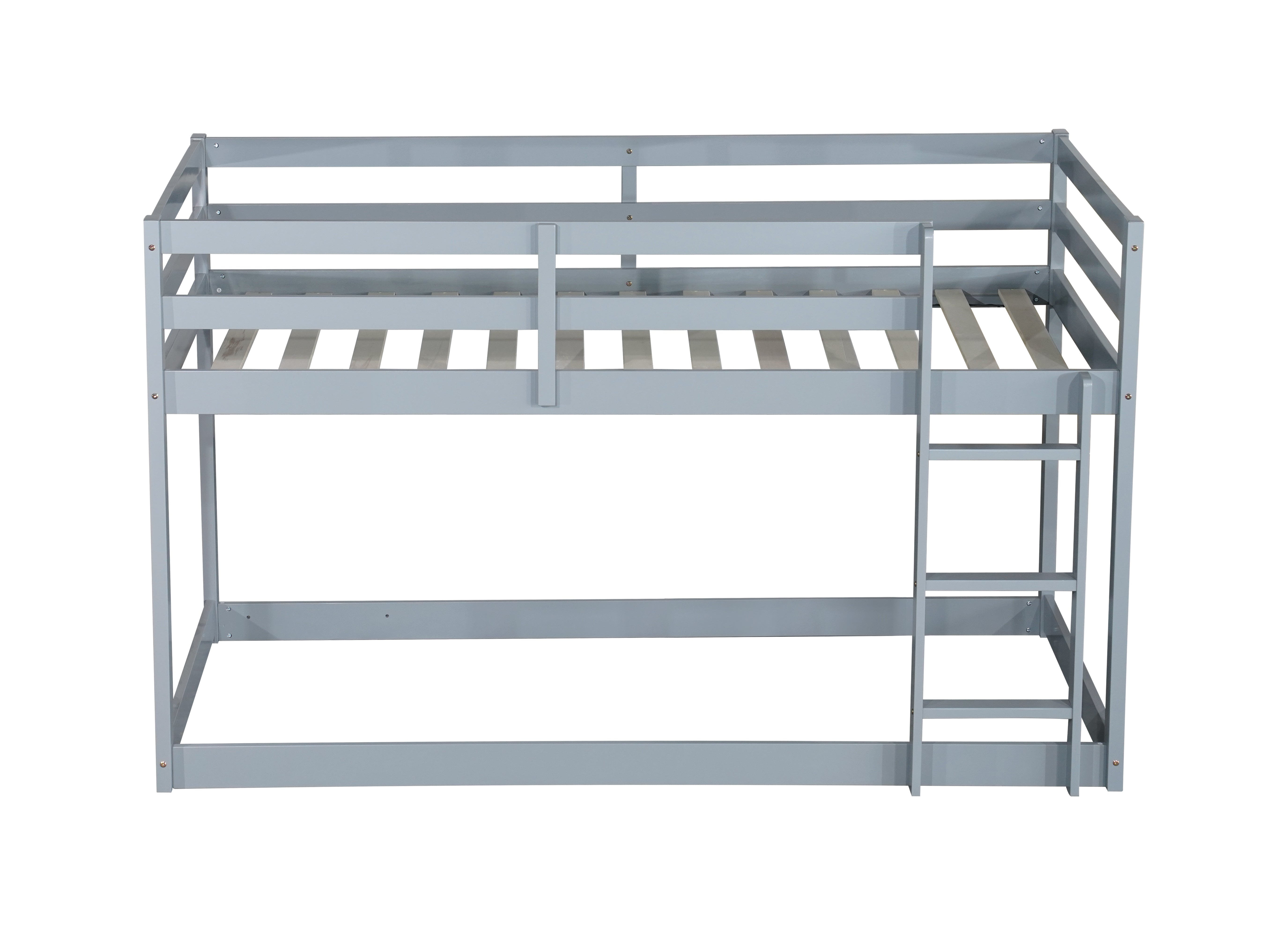 Grey floor bunk bed, strengthened slat platform close-up