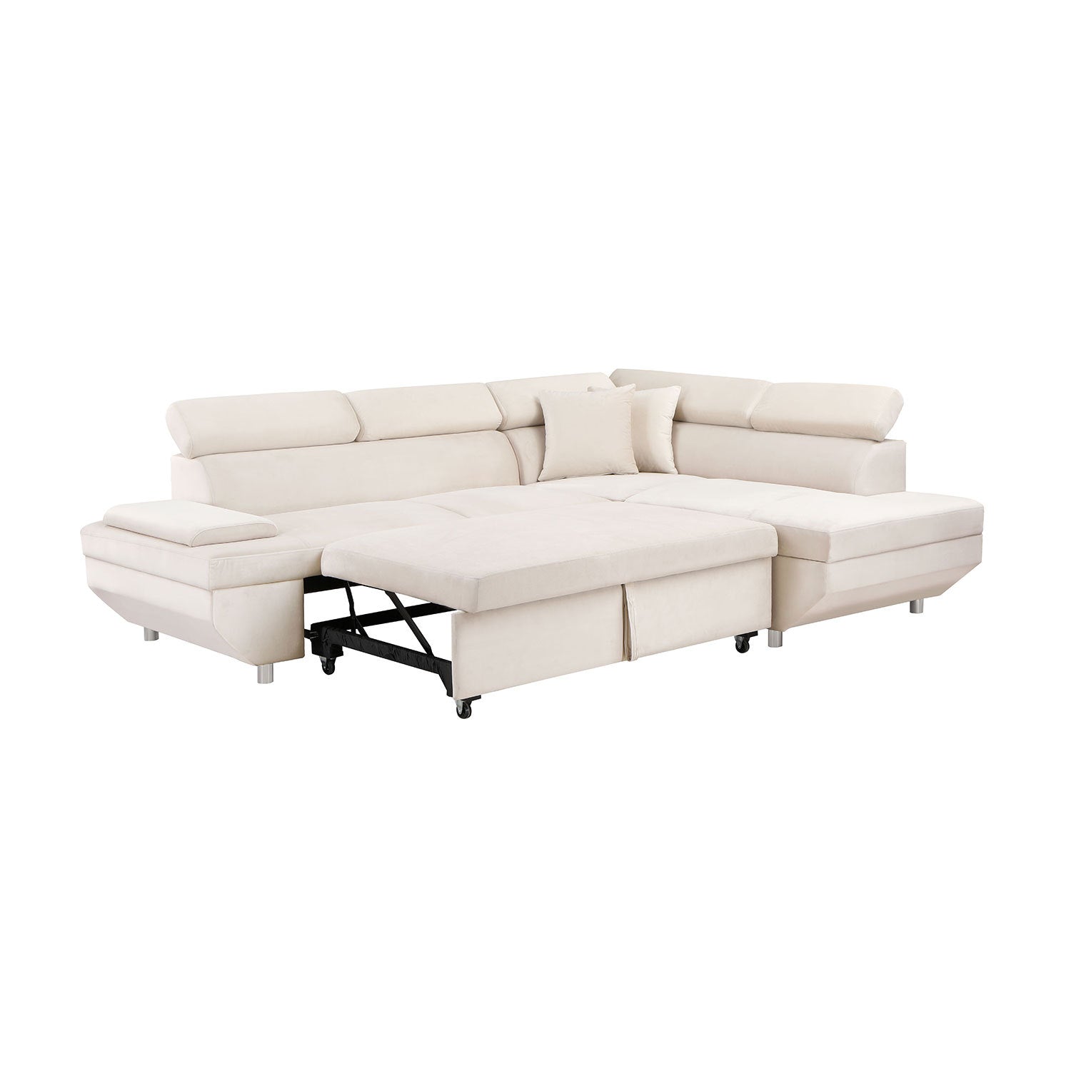 L Shape Sofa, Sleeper Sofa 2 in 1 Pull Out Couch Bed, Right-Facing Pull-out Bed for Living Room, Metal Legs, Velvet Beige