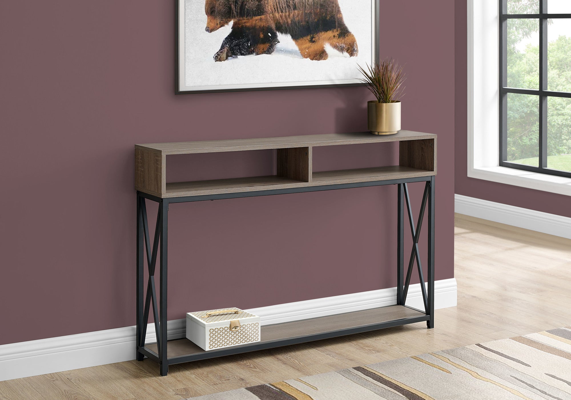 Accent Table, Console, Entryway, Narrow, Sofa, Living Room, Bedroom, Brown Laminate, Black Metal, Contemporary, Modern