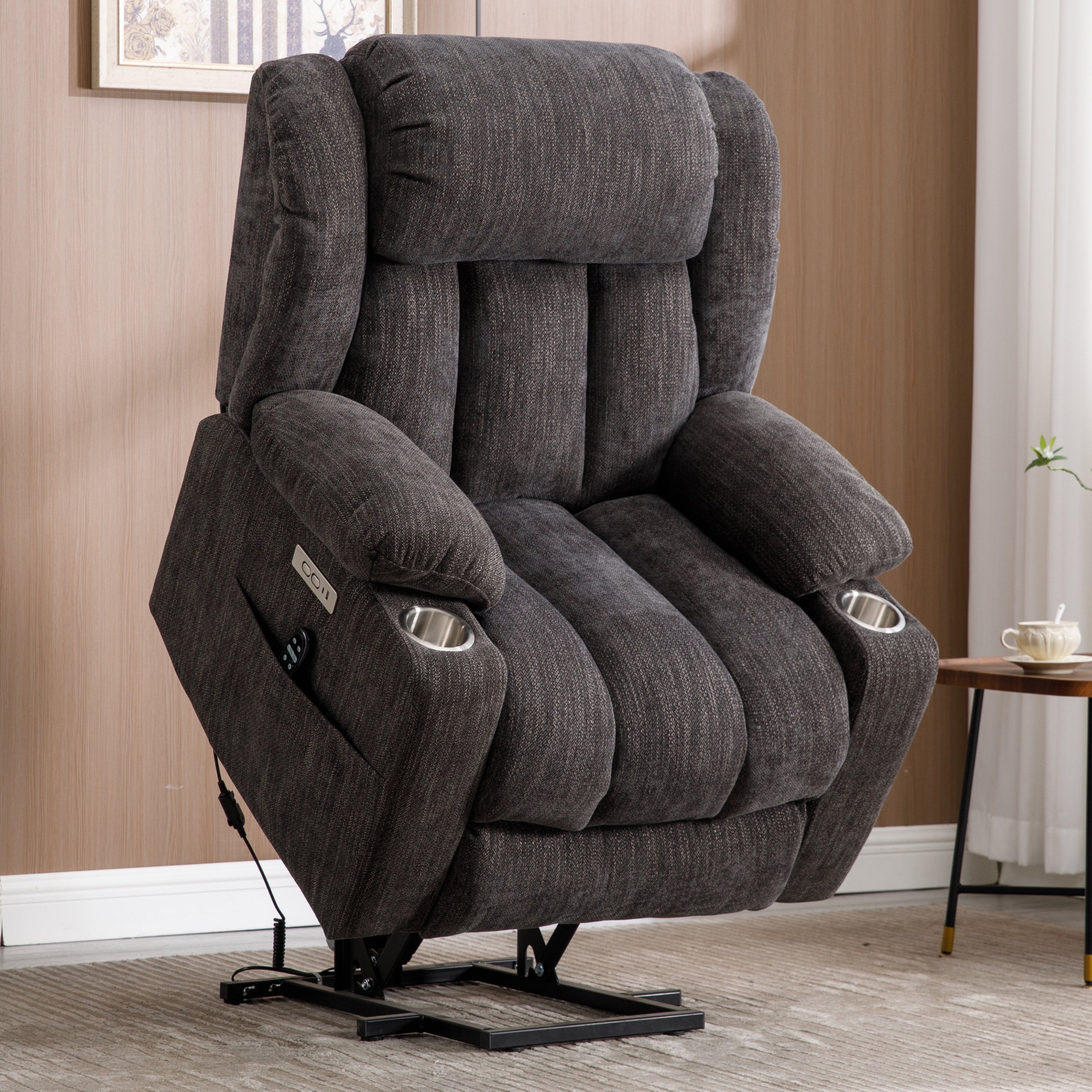 Up to 350 LBS Chenille Power Lift Recliner Chair, Heavy Duty Motion Mechanism with 8-Point Vibration Massage and Lumbar Heating, USB and Type-C Ports, Stainless Steel Cup Holders, Grey