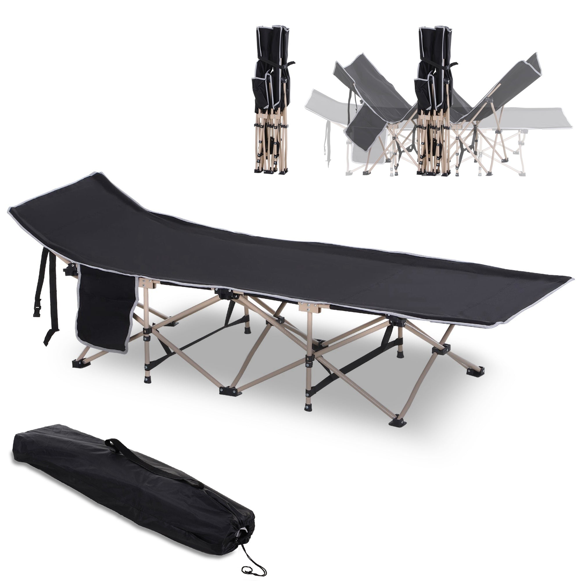 Outsunny Folding Camping Cot for Adults with Carry Bag, Side Pocket, Outdoor Portable Sleeping Bed for Travel, Camp, Vacation, 330 lbs. Capacity, Black