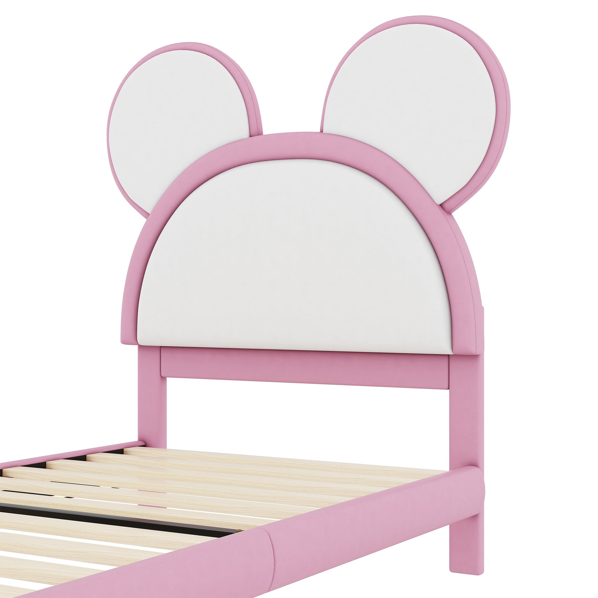 Twin Size Upholstered Platform Bed with Cartoon Ears Shaped Headboard and LED, White&Pink