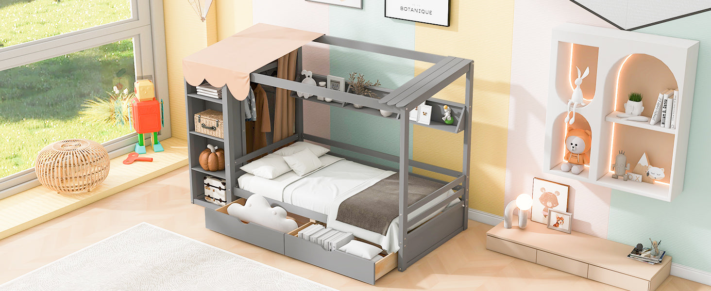 Twin size House Bed with Two Drawers and Wardrobe,Gray