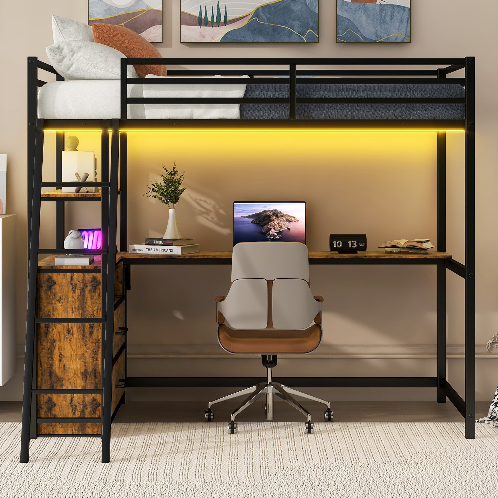 Twin Size Metal&Wood Loft Bed with Desk and Shelves, Two Built-in Drawers, LED Light and USB Charging Station, Black