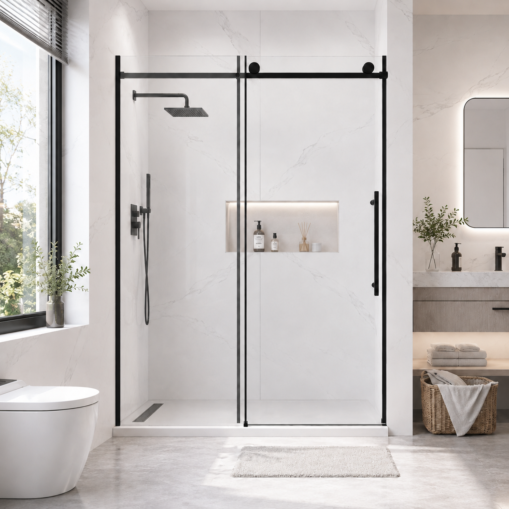 60 x 73 soft-close frameless sliding shower door matte black front view