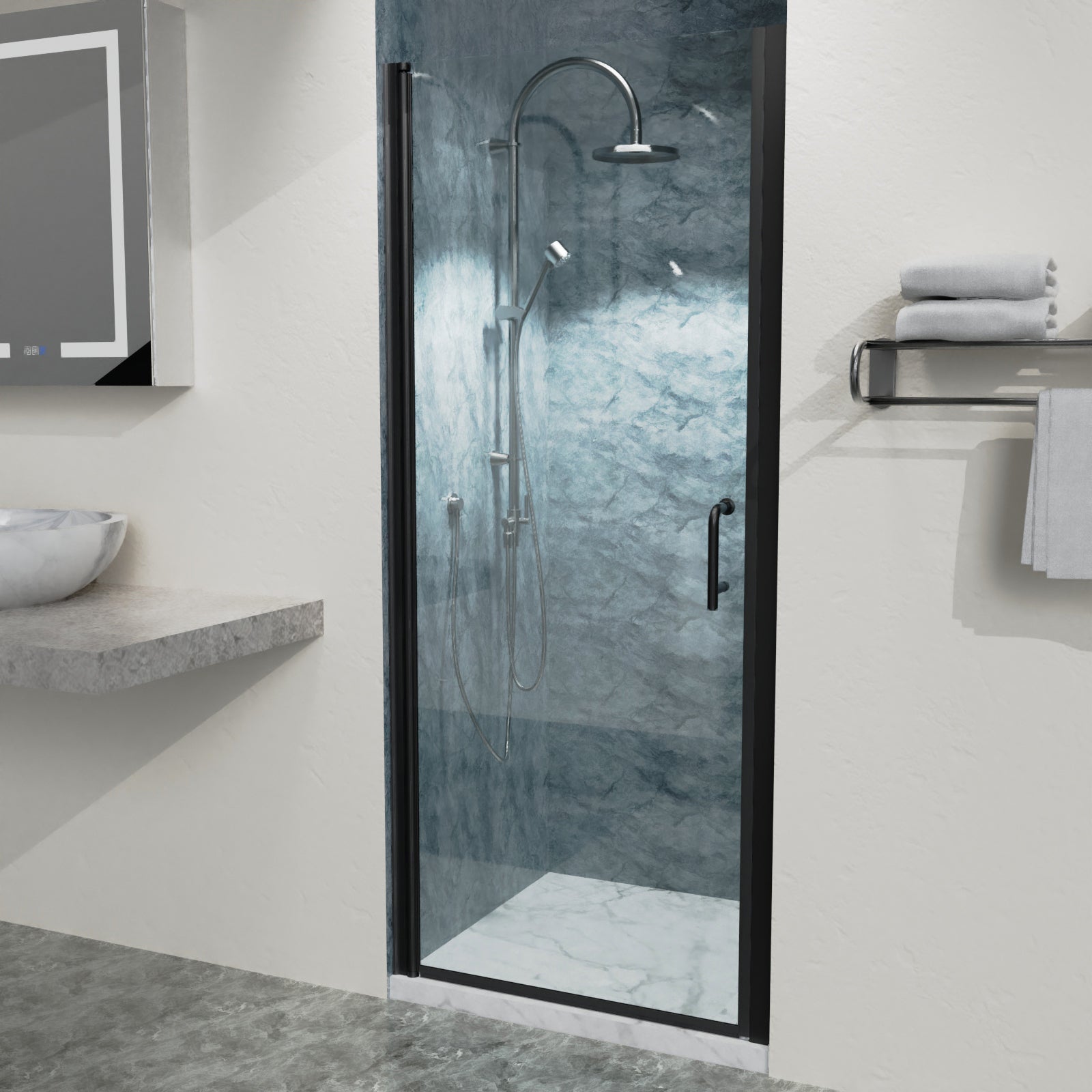 32"-33"W x 72"H Semi-Frameless Pivot Shower Door in Matte Black With Clear Glass