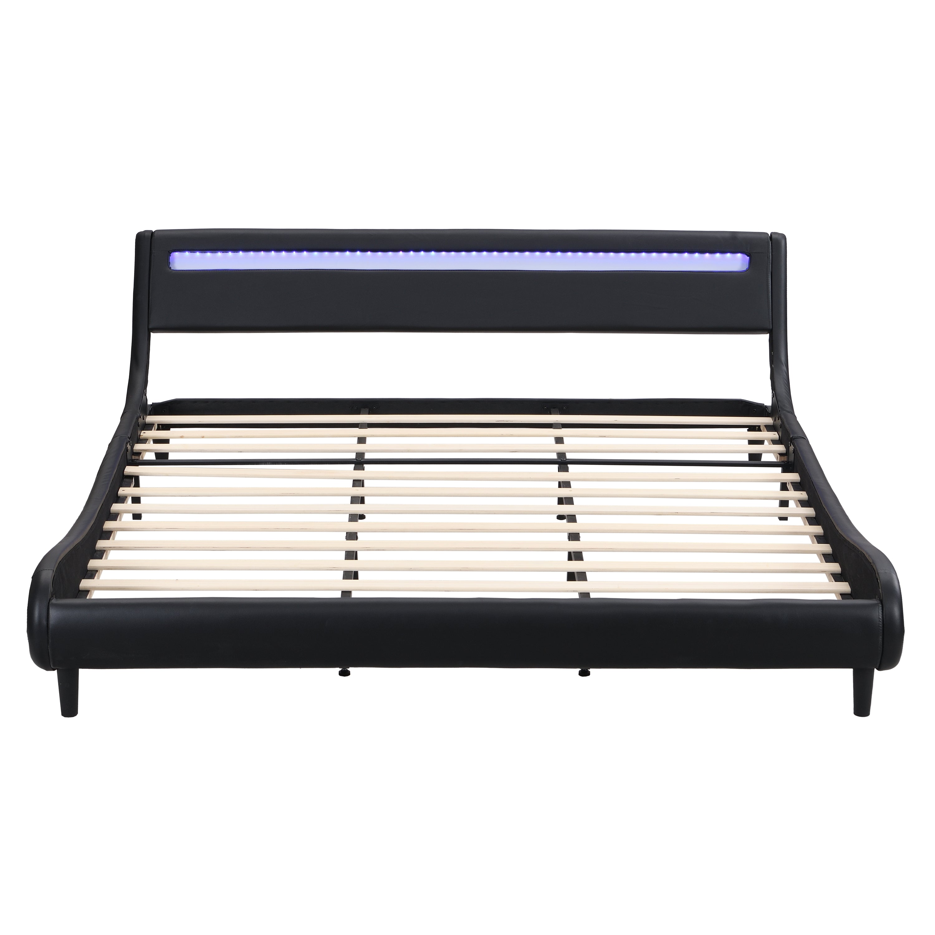 Modern Upholstered Platform Bed Frame with LED Lights Headboard, Faux Leather Wave-Like Platform Bed Frame,Strong Wood Slats Support, Easy Assembly, Black, King Size