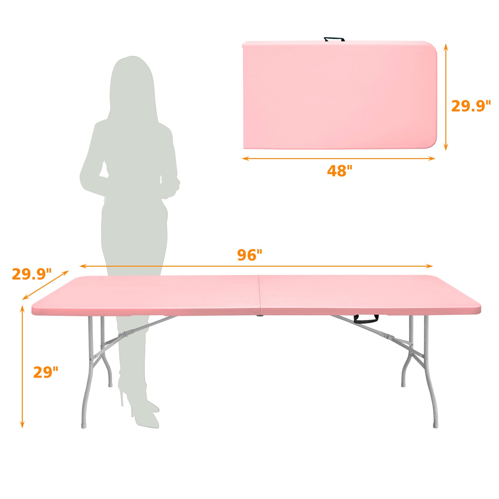 8ft Pink Folding Table, Portable Plastic Table for Camping, Picnics, Parties, High Load Bearing Foldable Table