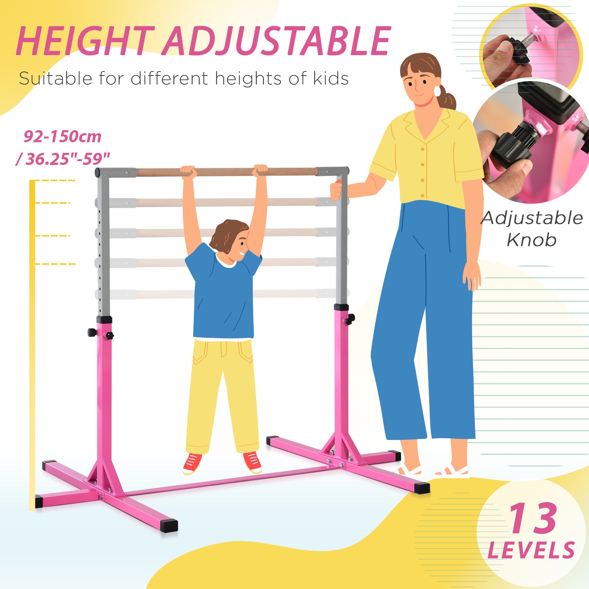 Soozier Gymnastics Bar for Kids, Adjustable Height Gym Bar, Junior Training Kip Bar for Home, Built for kids 3+ Years, Pink