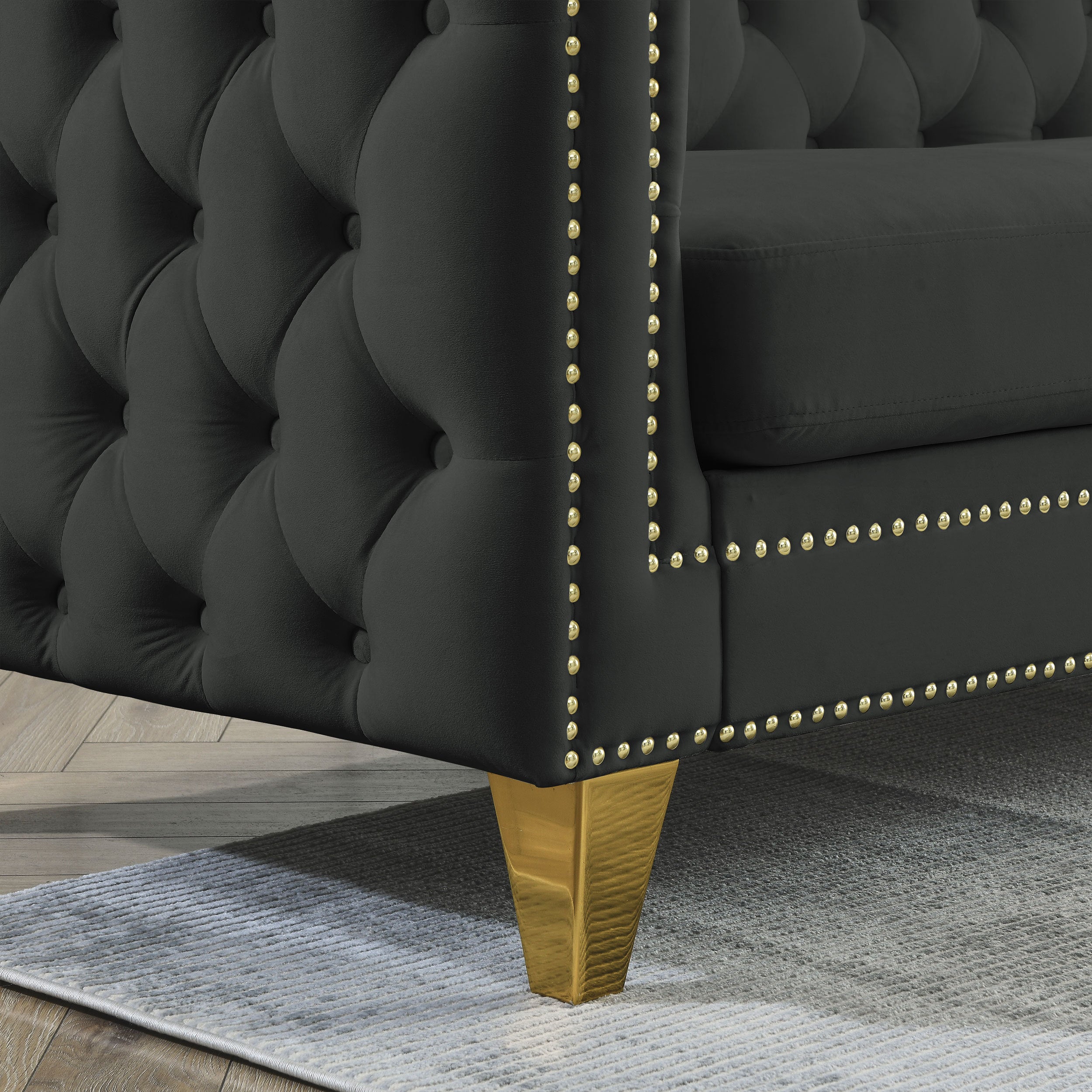 {Contact us for 3D modeling} Velvet Sofa for Living Room,Buttons Tufted Square Arm Couch, Modern Couch Upholstered Button and Metal Legs, Sofa Couch for Bedroom, Black Velvet-2S(W834S00053)