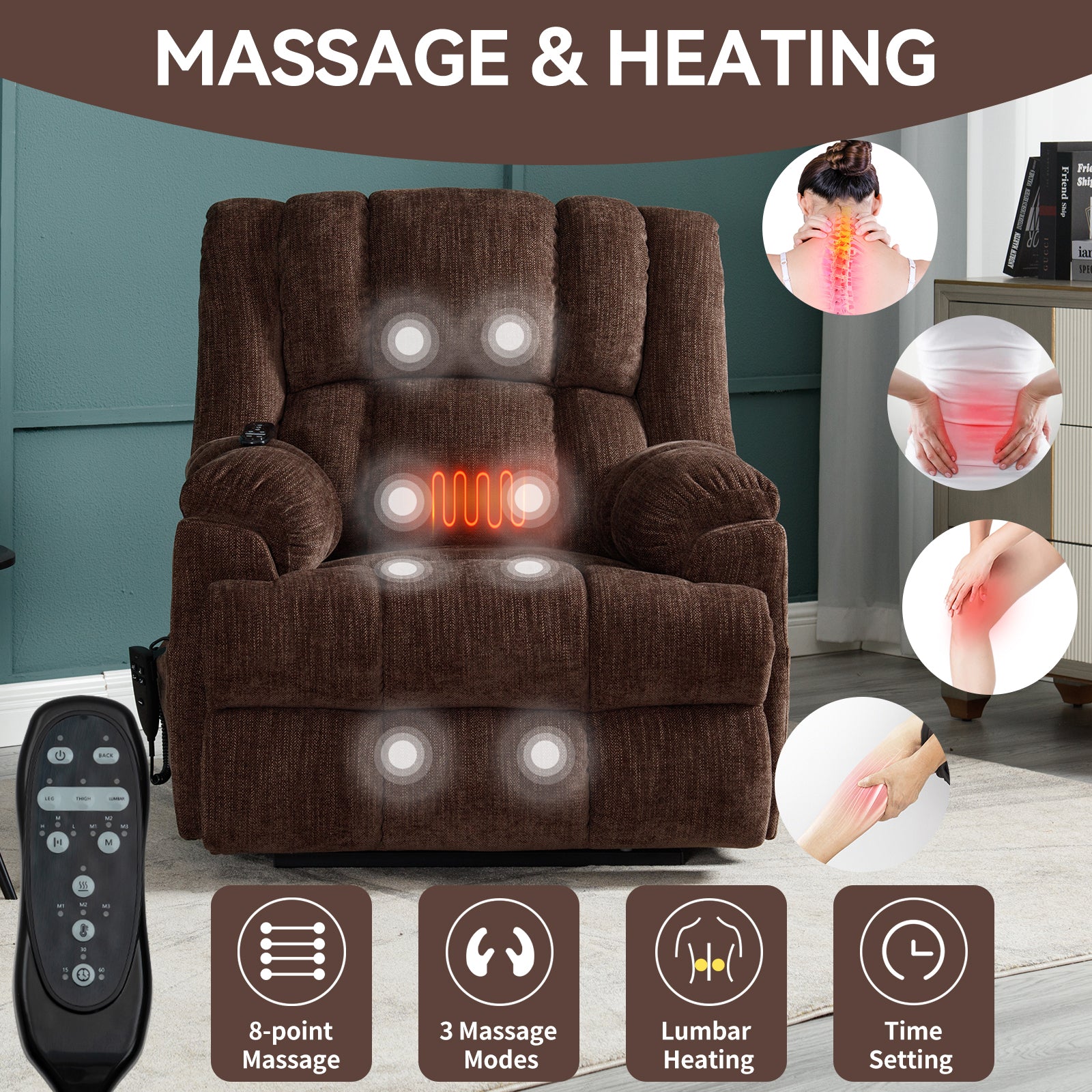 Dual Motor Heat Massage Infinite Position Up to 350 LBS Electric Power Lift Recliners with Power-Remote, Medium-firm and Heavy Duty, Brown