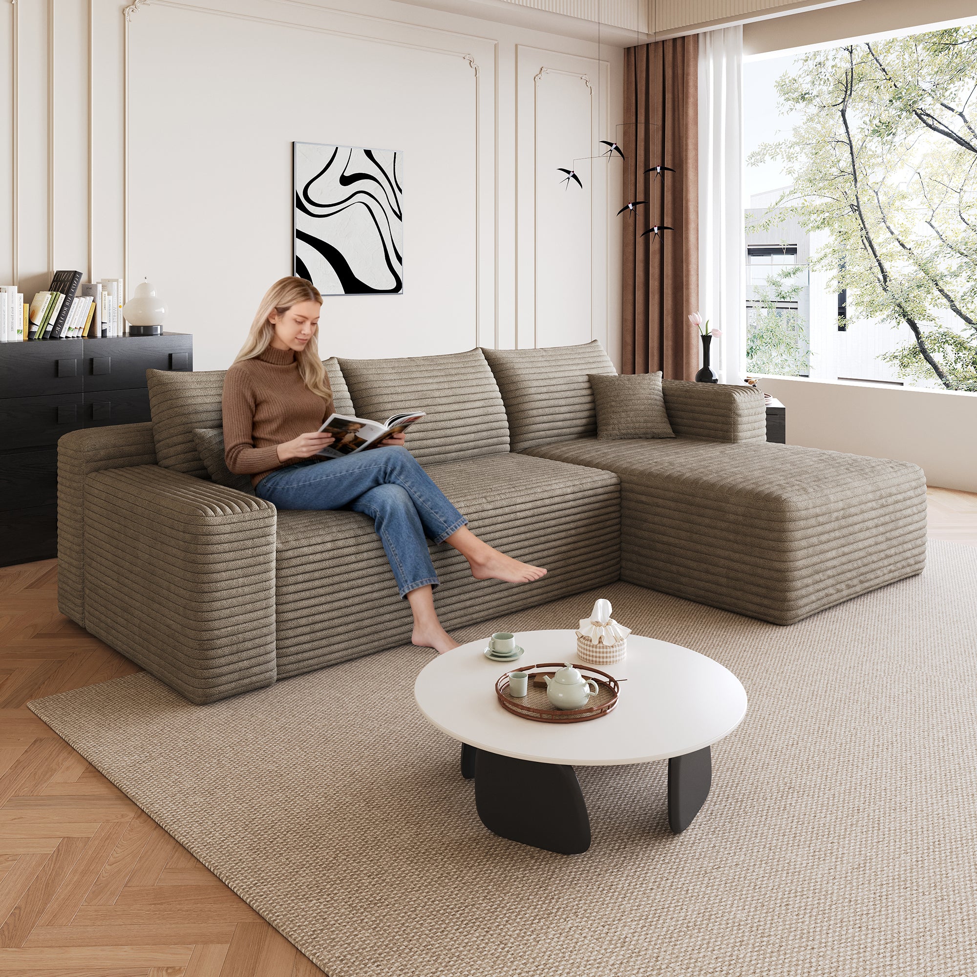 Camel corduroy U-shaped sectional sofa, angled view