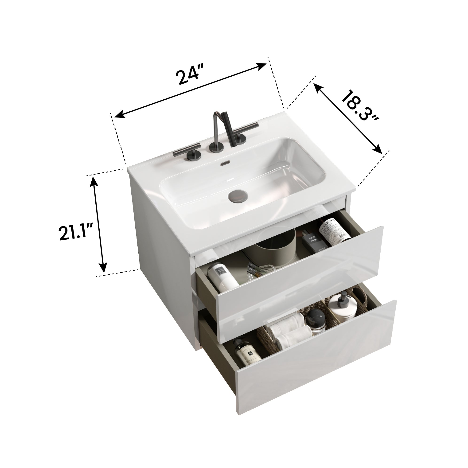 BB0924Y331, Integrated white ceramic basin with three predrilled faucet holes, drain assembly NOT included