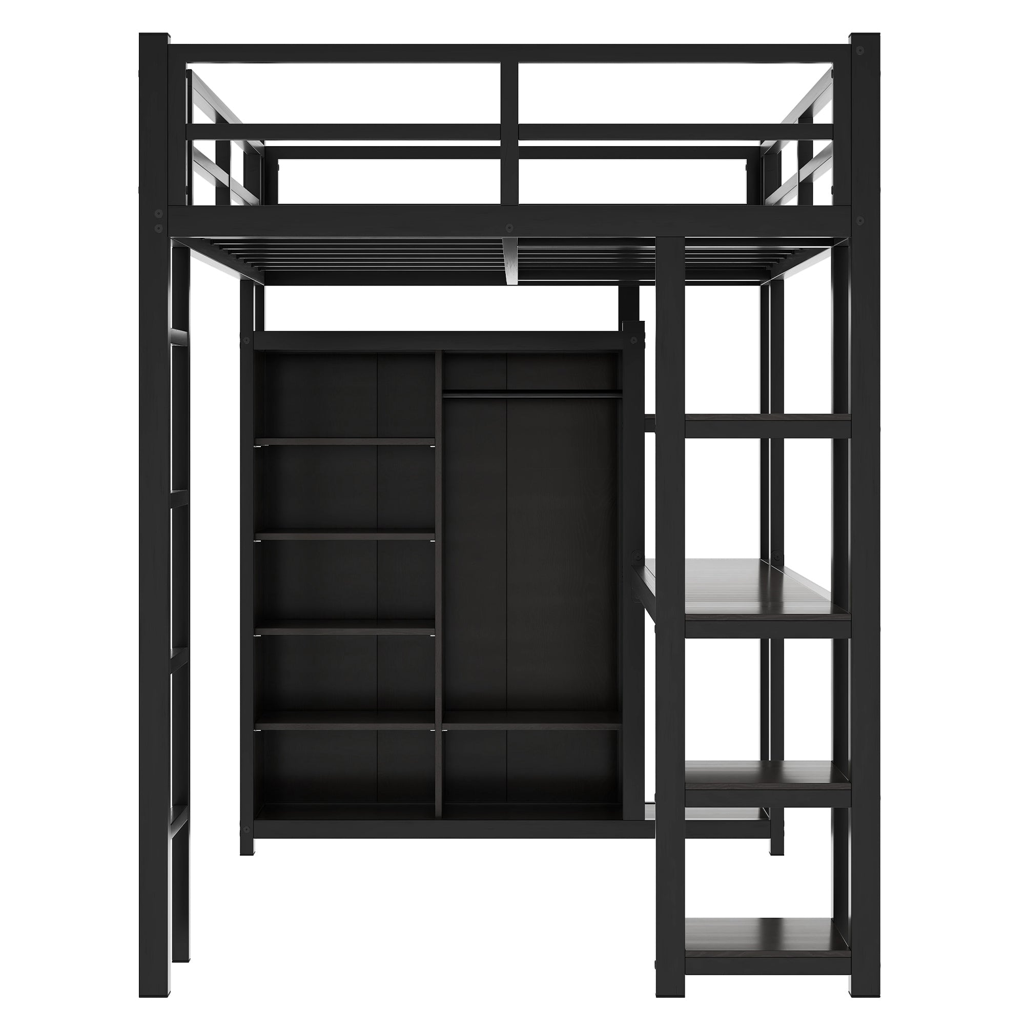 Metal Full Size Loft Bed with Desk,Shelves,Wardrobe, Black