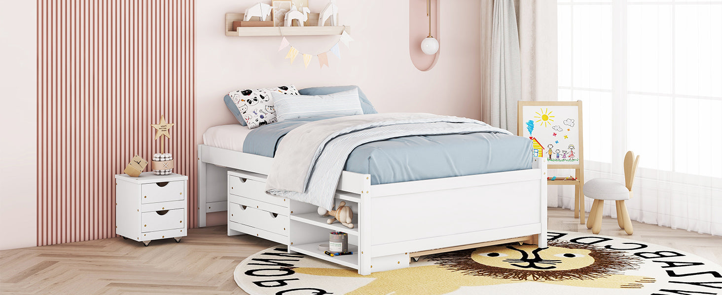 Full Size Storage Bed , Solid Wood Bed with Trundle, Under bed Storage Box of 2 Drawers, Shelves, and Nightstand ,White