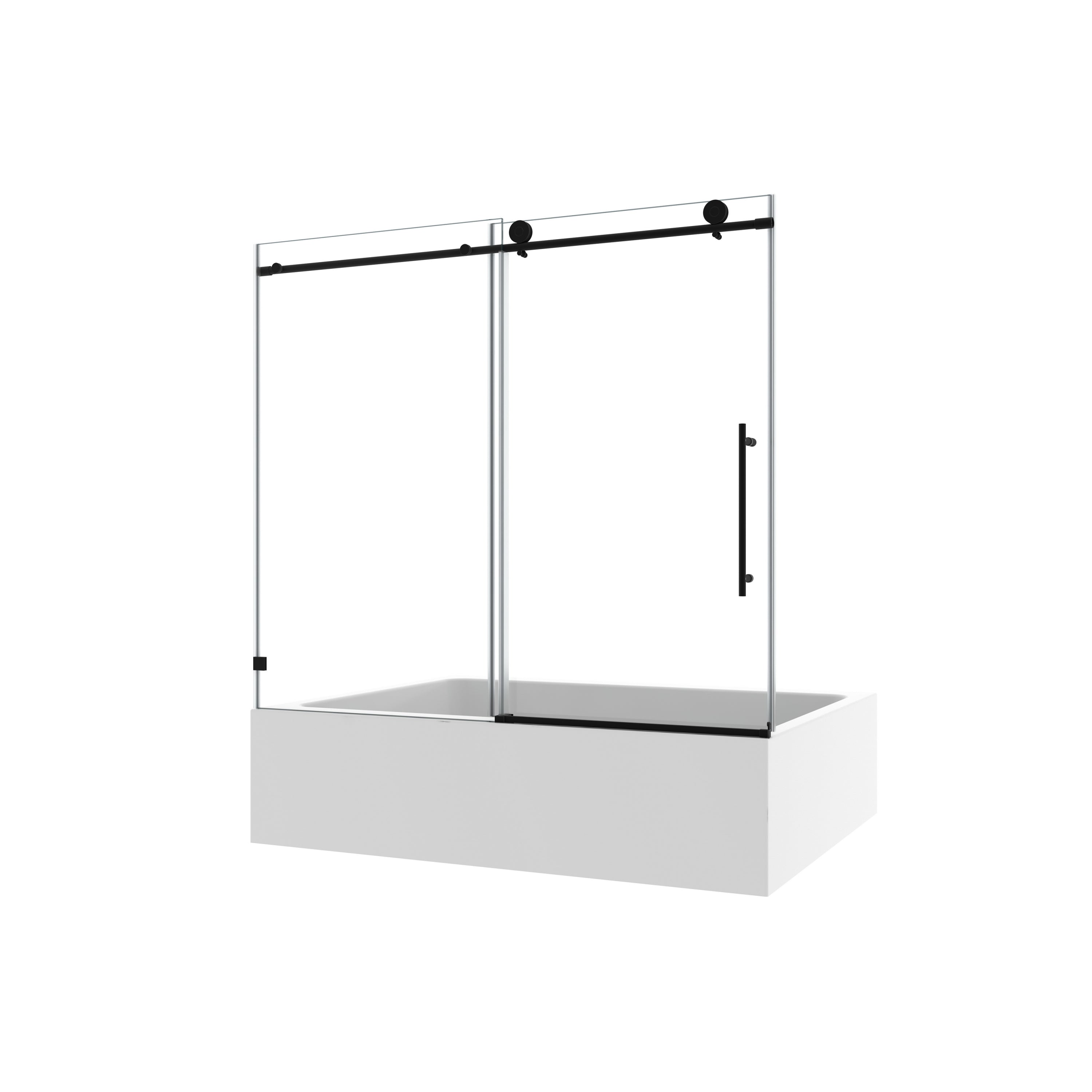 60"W x 63"H Matte Black frameless one fixed and one shifted Shower Door, 70MM 304 stainless steel large pulleys with adjustable soft closing function,with nano easy cleaning,stick explosion-proof menbrance