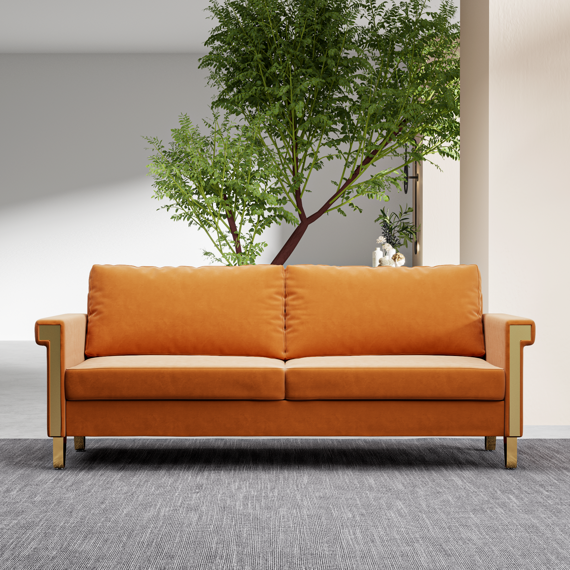 76.34in Wide Modern Orange Velvet Sofa Stylish Living Room Furniture with Gold Metal Legs and Deep Cushions for Maximum Comfort