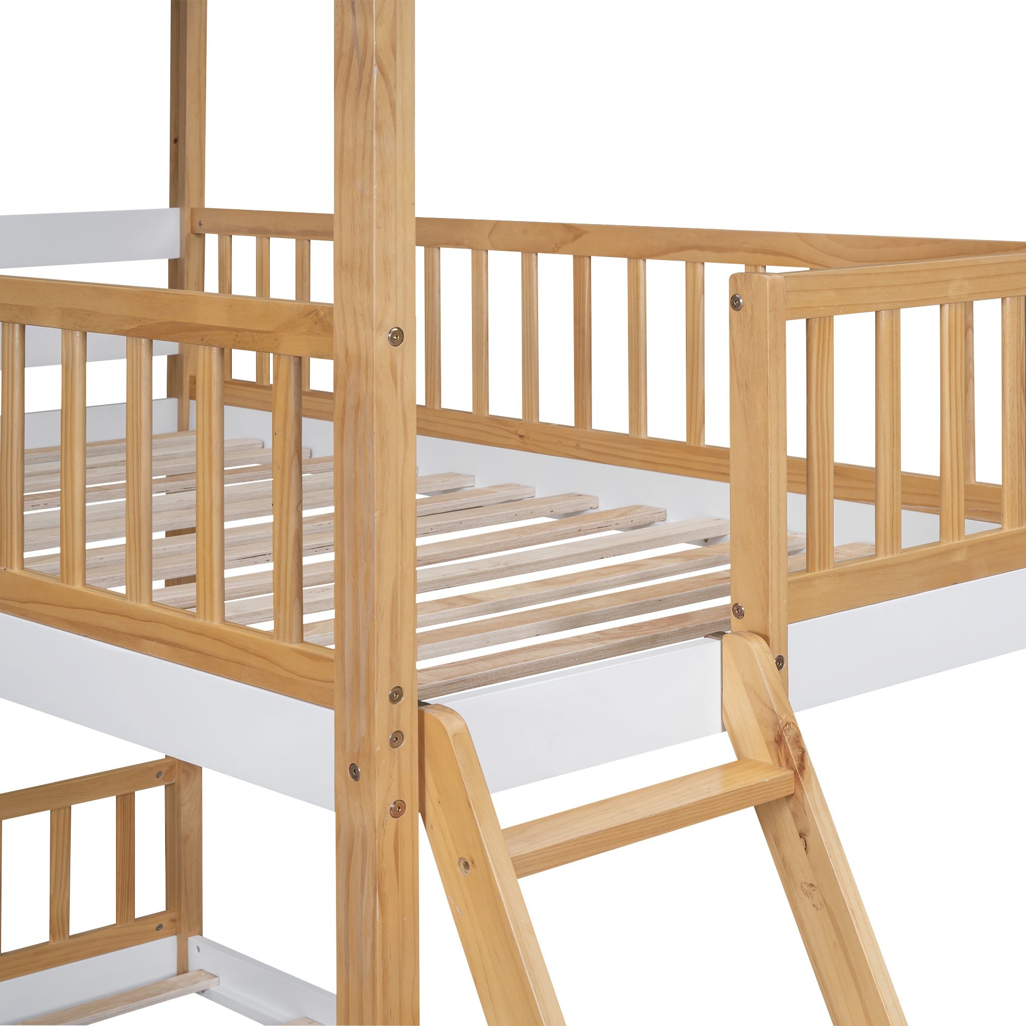 Twin Over Twin Bunk Bed Wood Bed with Roof, Window, Ladder,Natural(OLD SKU :LT100008AAD)