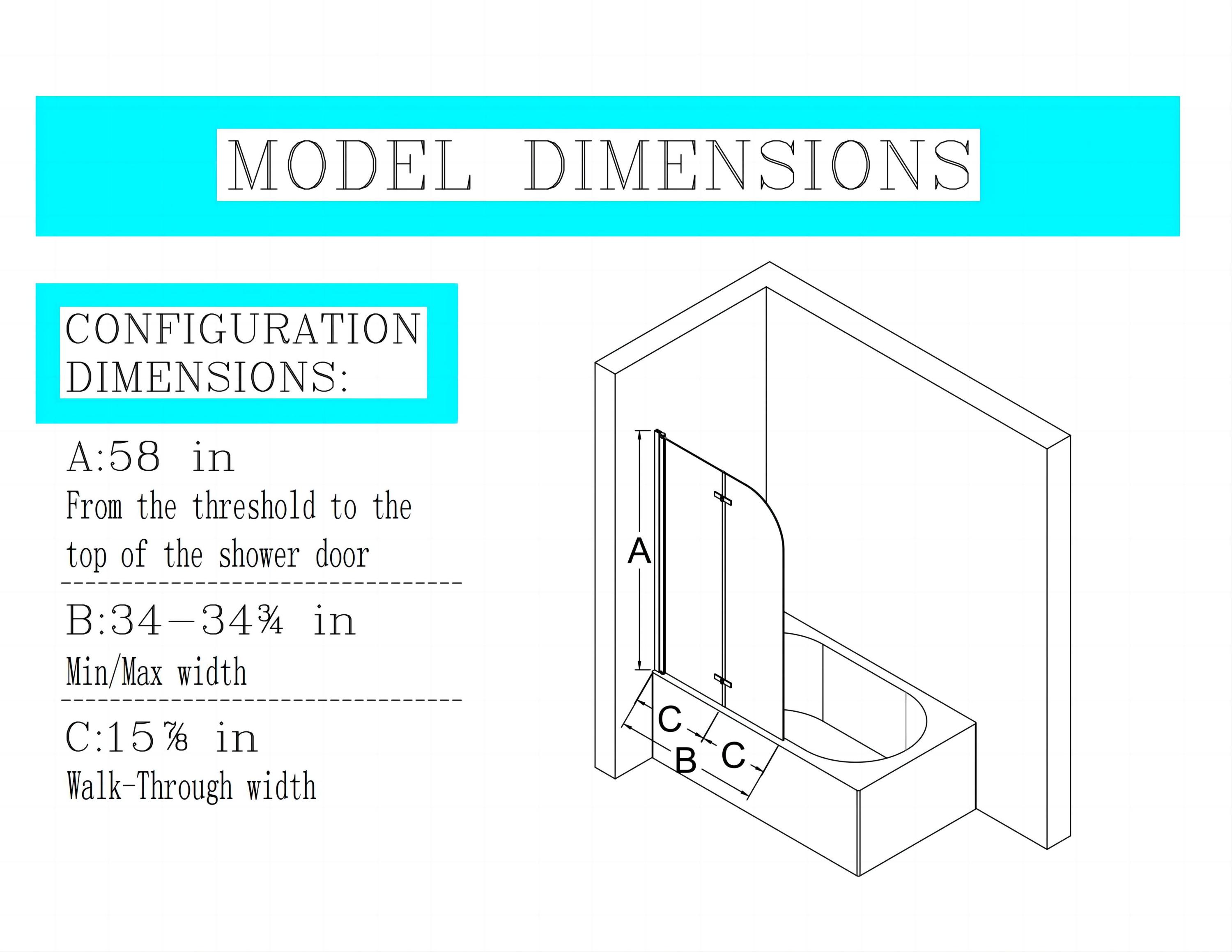 34" W x 58" H Frameless Folding Pivot Bathtub Door, 1/4" (6mm) Thick SGCC Clear Tempered Glass