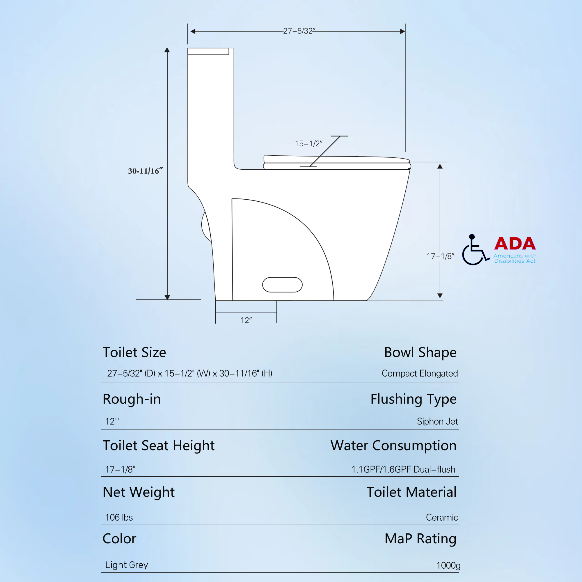 1.1/1.60 GPF Dual-Flush One Piece Toilet, Water-Saving Elongated Comfort Height Floor Mounted, Soft Close 1000 Gram Map Flushing Score Toilet, Light Grey 23T01-LG