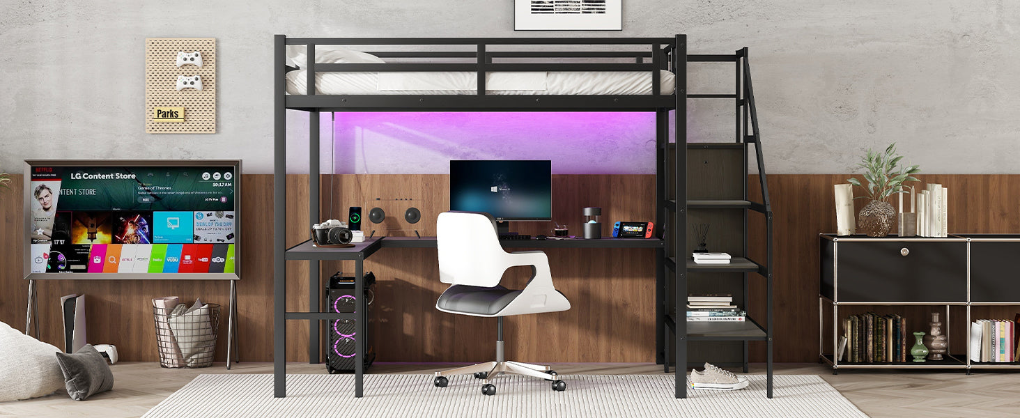 Full XL Size Loft Bed with L-shaped Desk and USB, Metal Loft Bed with Wardrobe and Adjustable Shelf, High Loft Bed with LED for Kids Teens Adults, Black(Expect Arrive 2024/10/10)