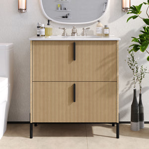 30-inch natural fluted bathroom vanity with ceramic sink, front view