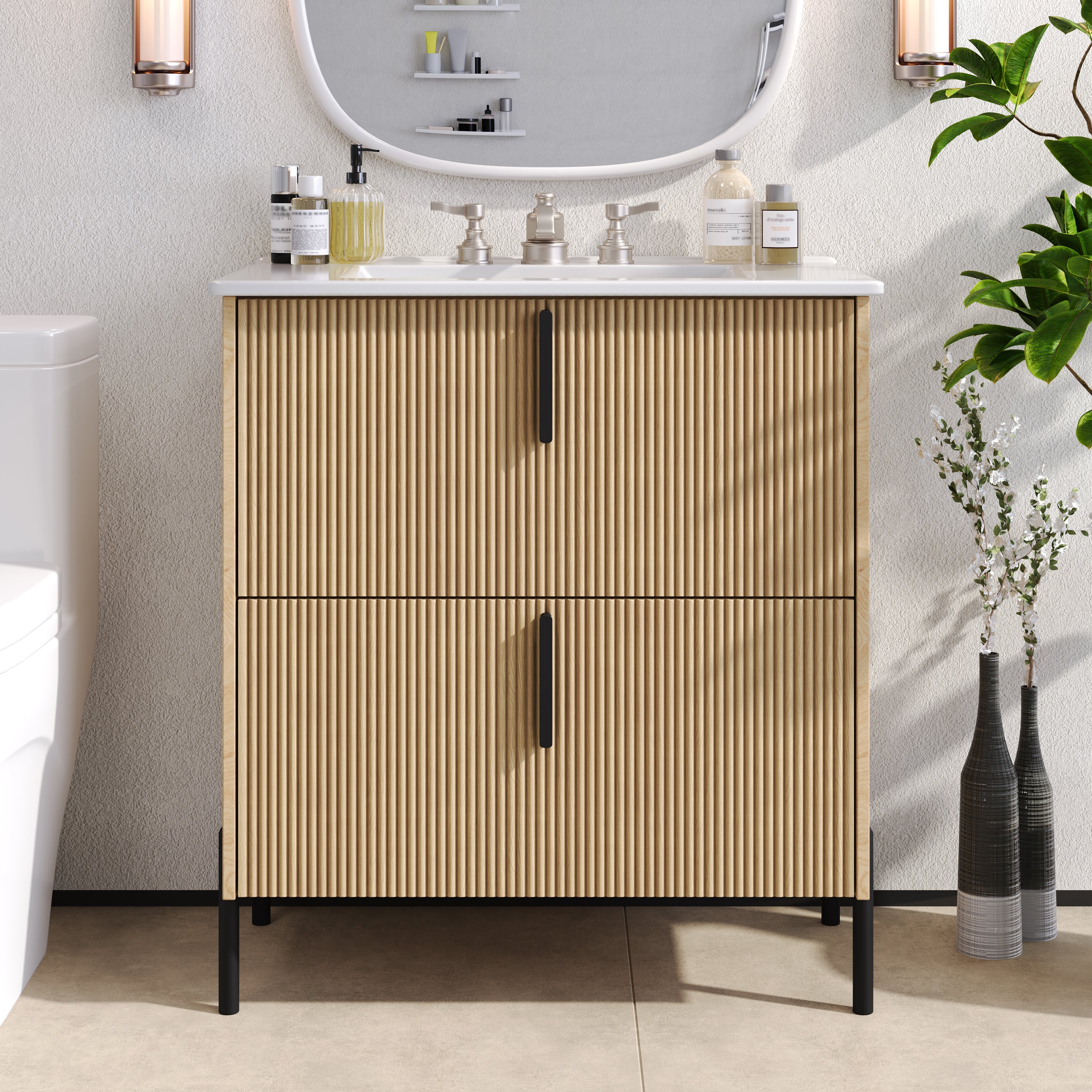 30-inch natural fluted bathroom vanity with ceramic sink, front view