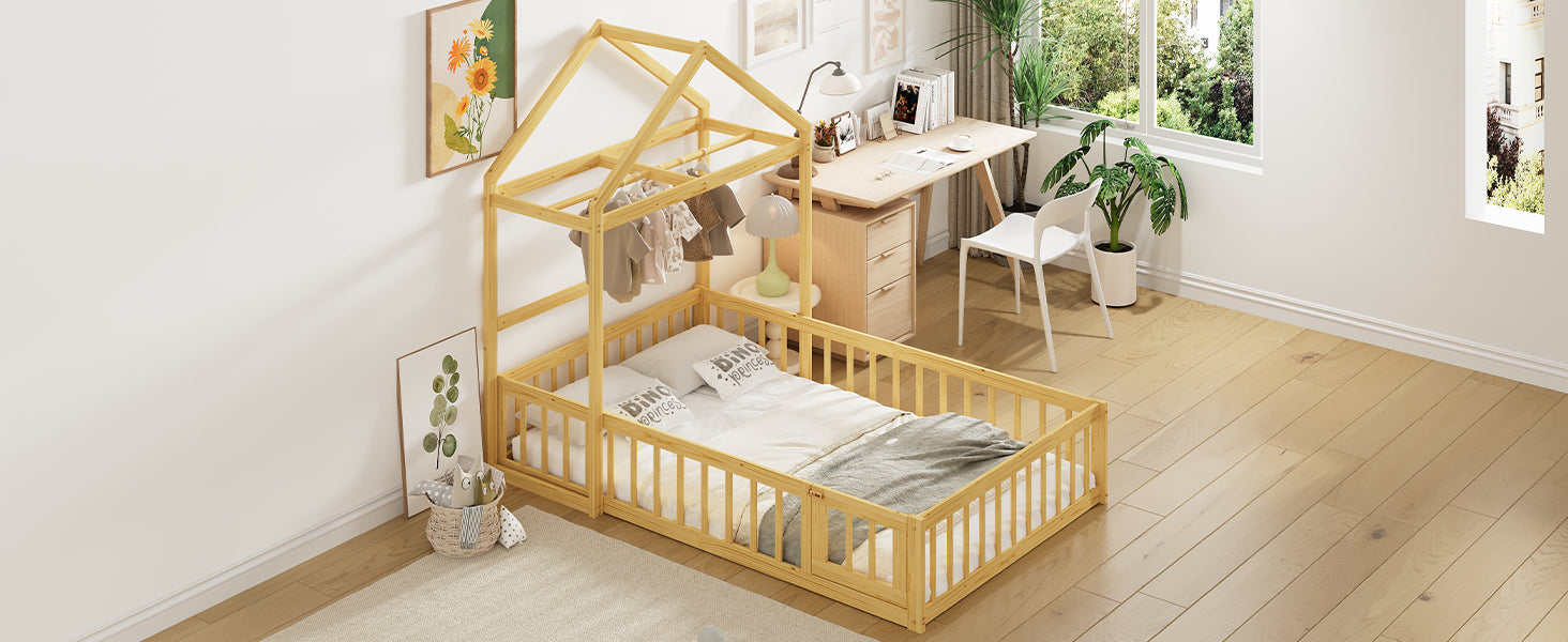 Wooden Floor Bed with Fence Railings and Detachable House Shape Headboard, Twin Size Bed with Kids Dress Up Rack, Kids Montessori Style Playhouse Frame for Girls Boys, Natural