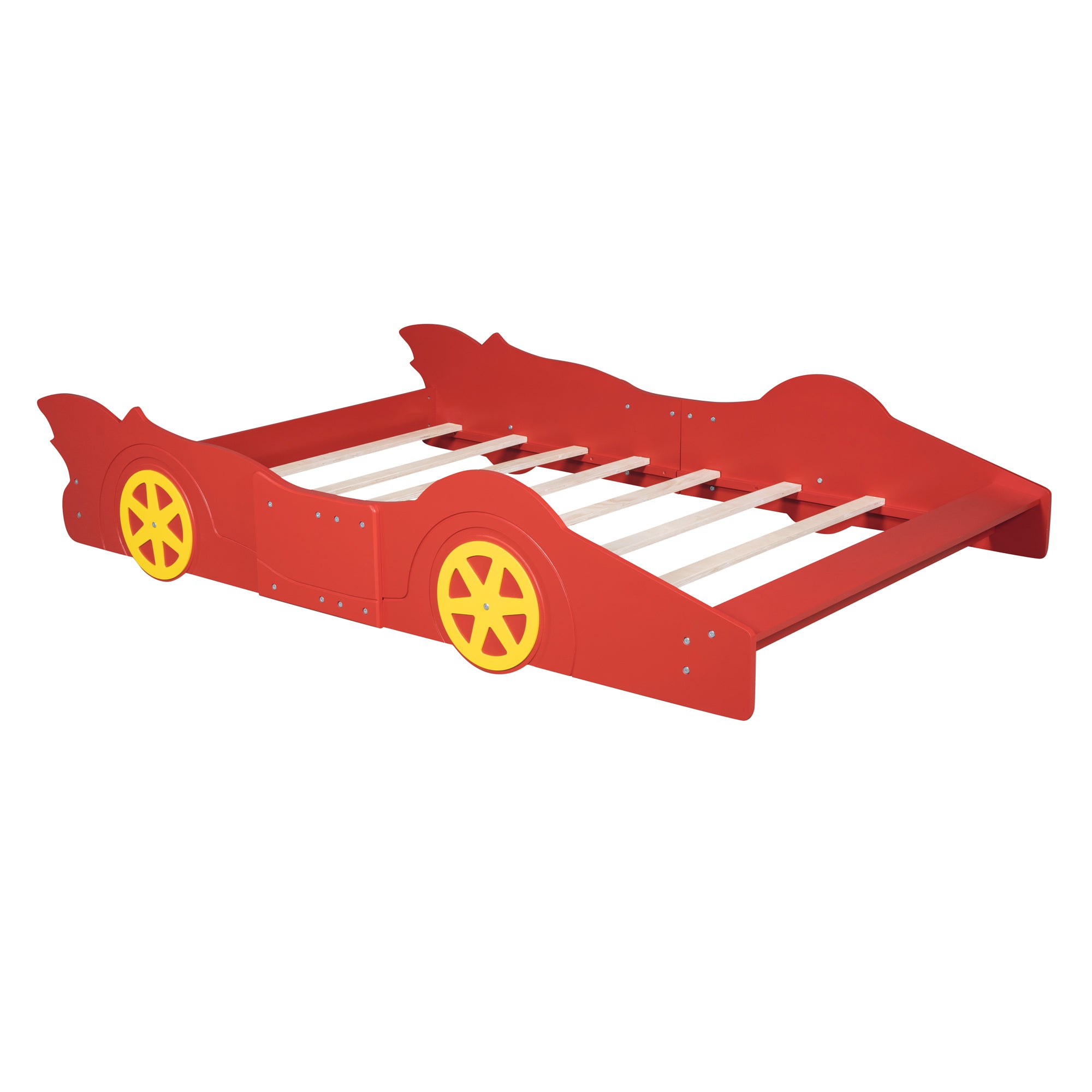 Full Size Race Car-Shaped Platform Bed with Wheels,Red