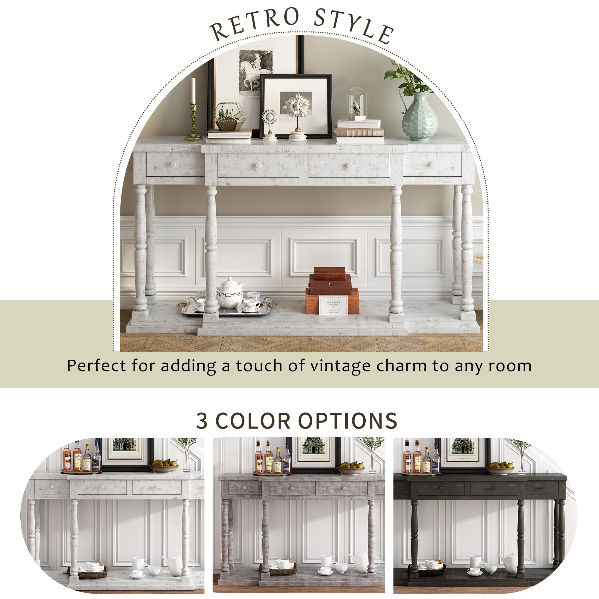 U_STYLE Retro Senior Console Table for Hallway Living Room Bedroom with 4 Front Facing Storage Drawers and 1 Shelf