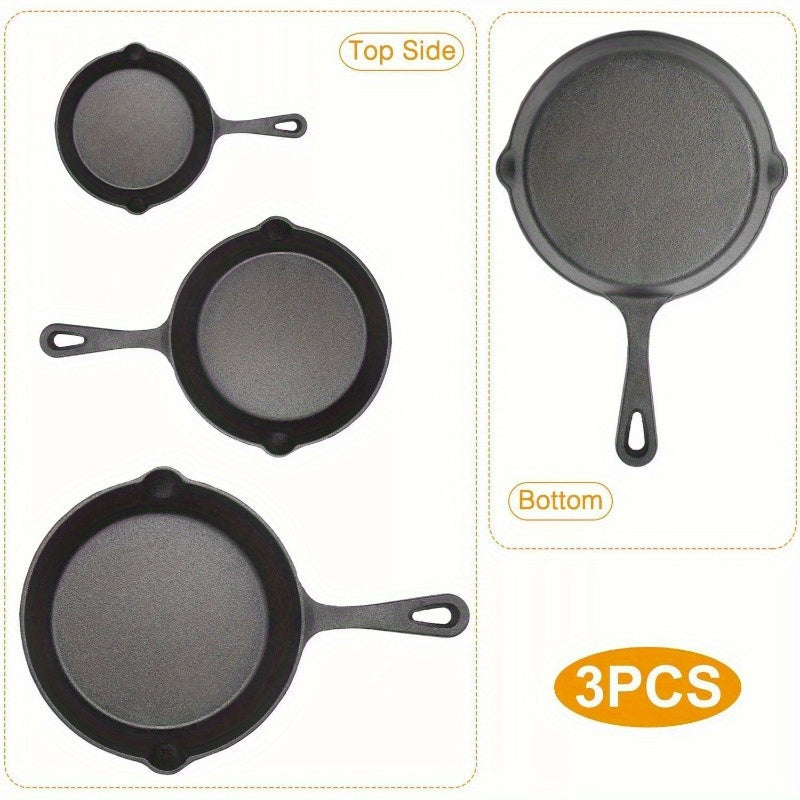 3-Pack 6"/8"/10" Kitchen Frying Pan Pre-Seasoned Cast Iron Frying Pan Set