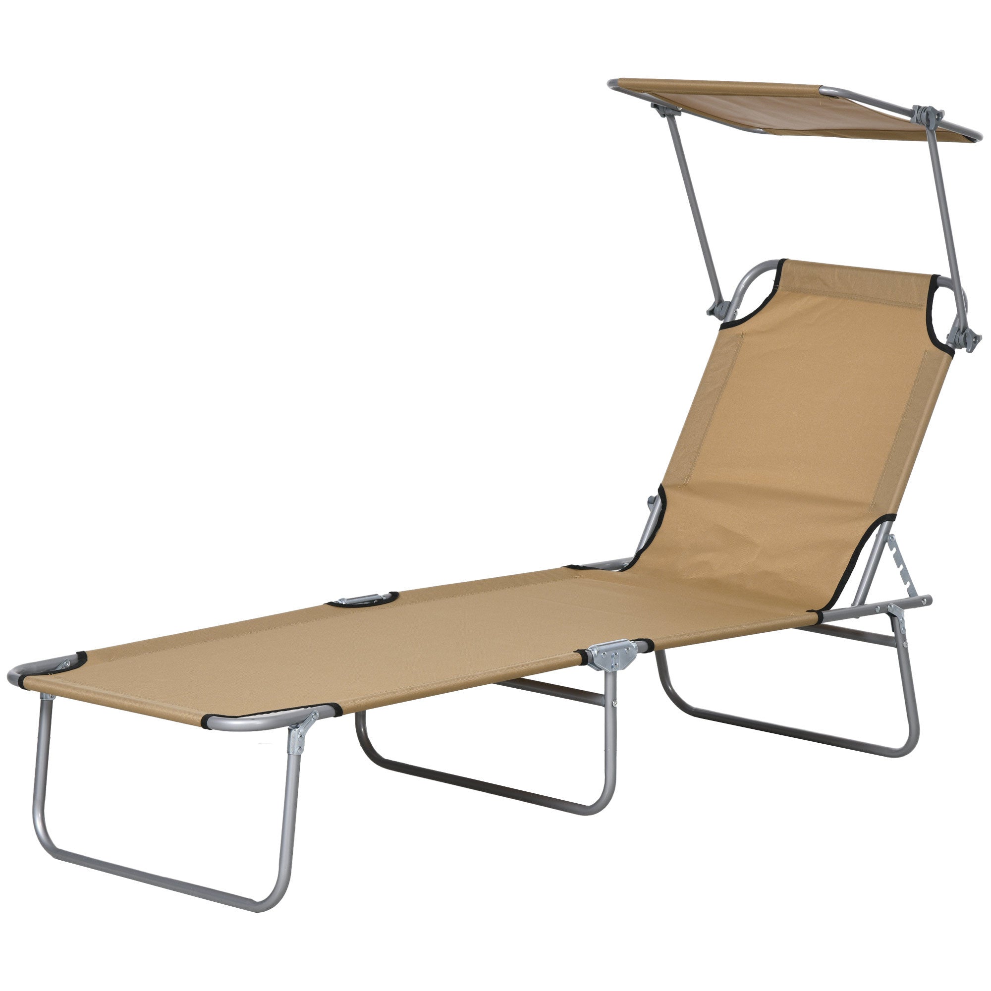 Outsunny Outdoor Lounge Chair, Adjustable Folding Chaise Lounge, Tanning Chair with Sun Shade for Beach, Camping, Hiking, Backyard, Tan