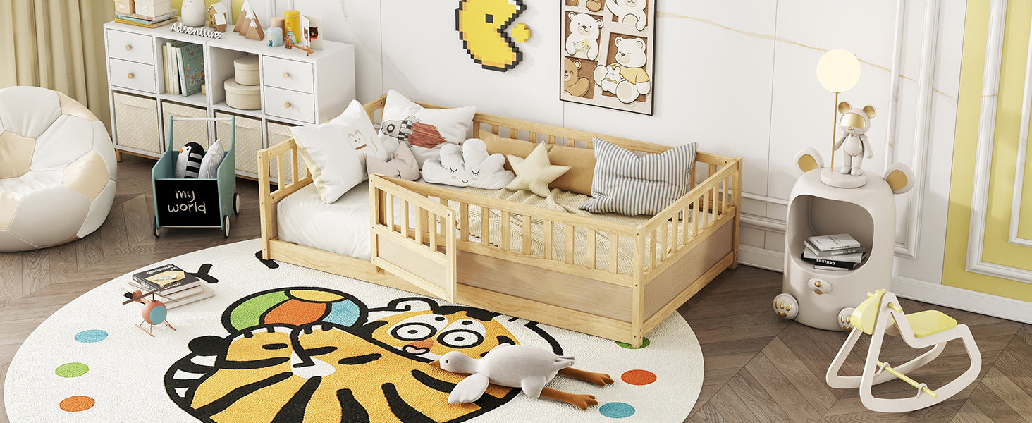 Twin Size Floor bed, integral construction with super high security barrier, door, children's floor bed frame, Montessori wooden children's floor bed, Support  slat Natural Wood