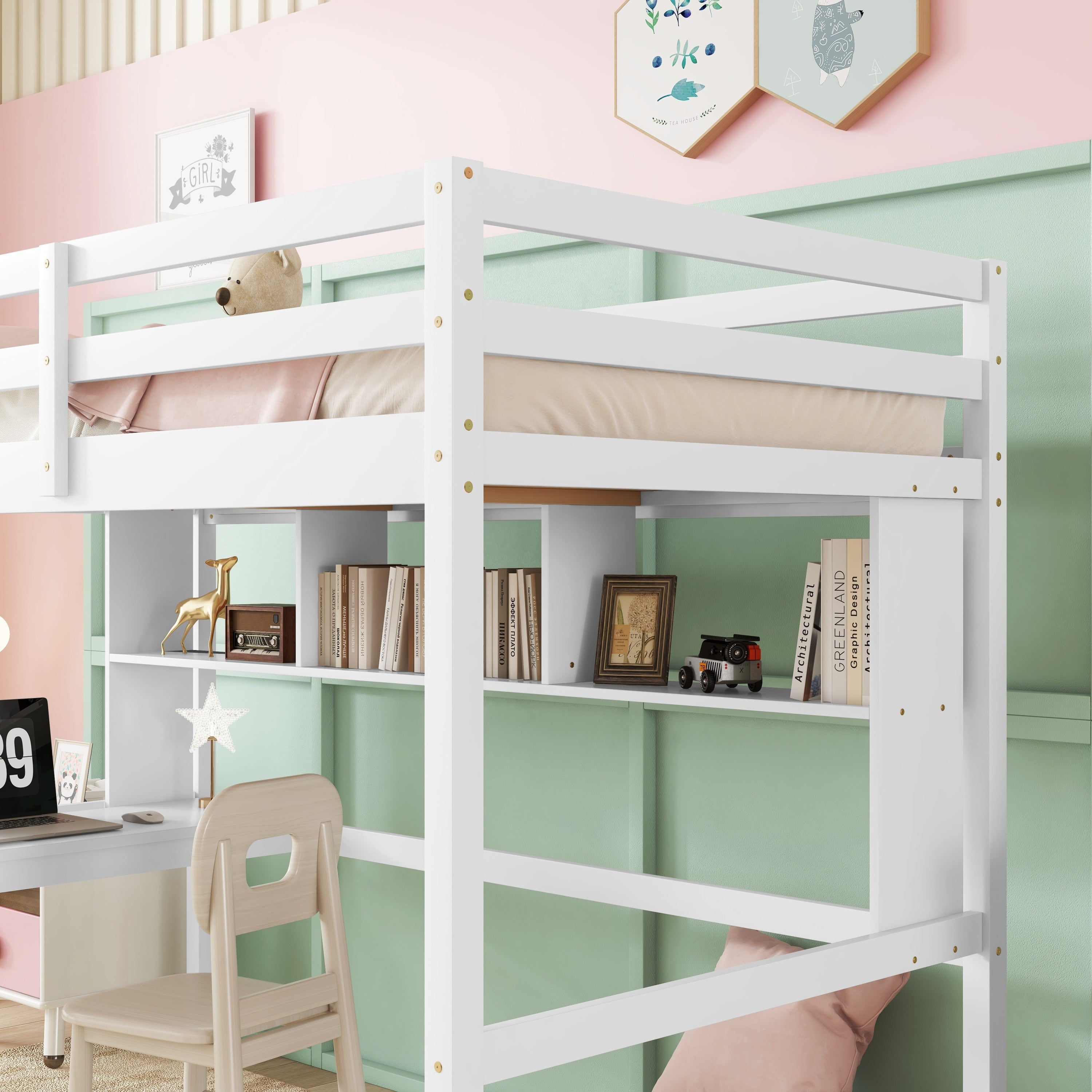 Twin Size Loft Bed with desk and shelves, Safety Guardrail and ladder,White