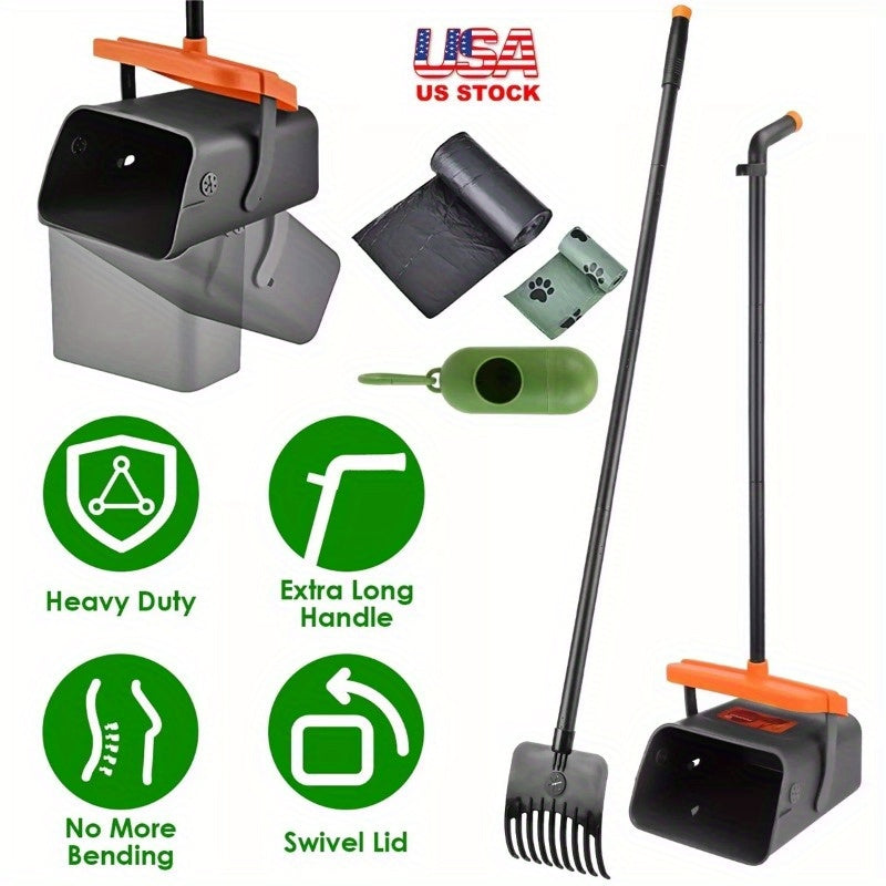 Dog Poop Scoop Large Rotating Bin Rake Long Handle for Pet Waste Removal