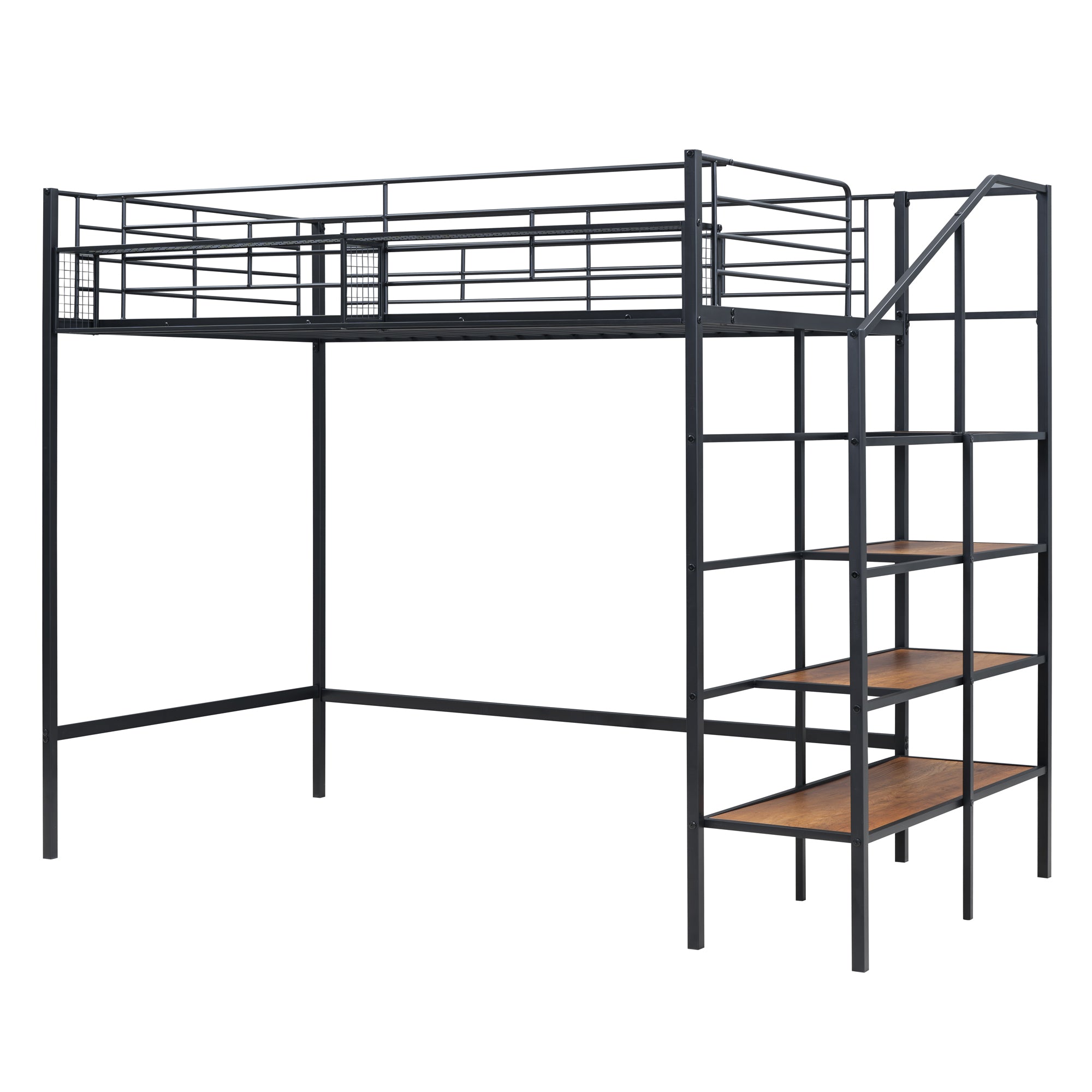 Twin Size Metal Loft Bed with Upper Grid Storage Shelf and Lateral Storage Ladder, Black